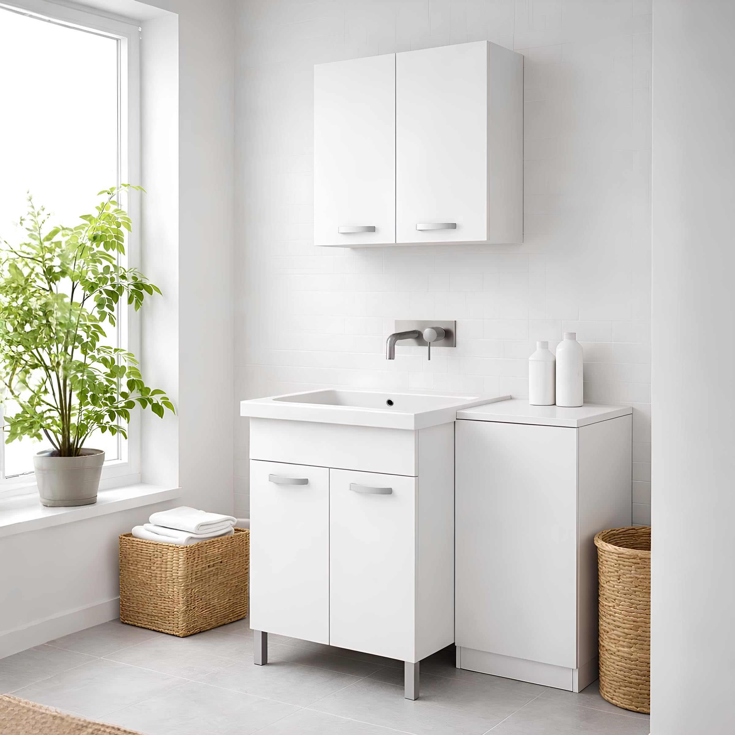 Mobile LAVATOIO Ceramica 60 x 60 x H 86 DOMINA Design Bianco Incluso di PILETTA in Acciaio E SIFONE Pilozza Profonda 33 cm con strizzatoio