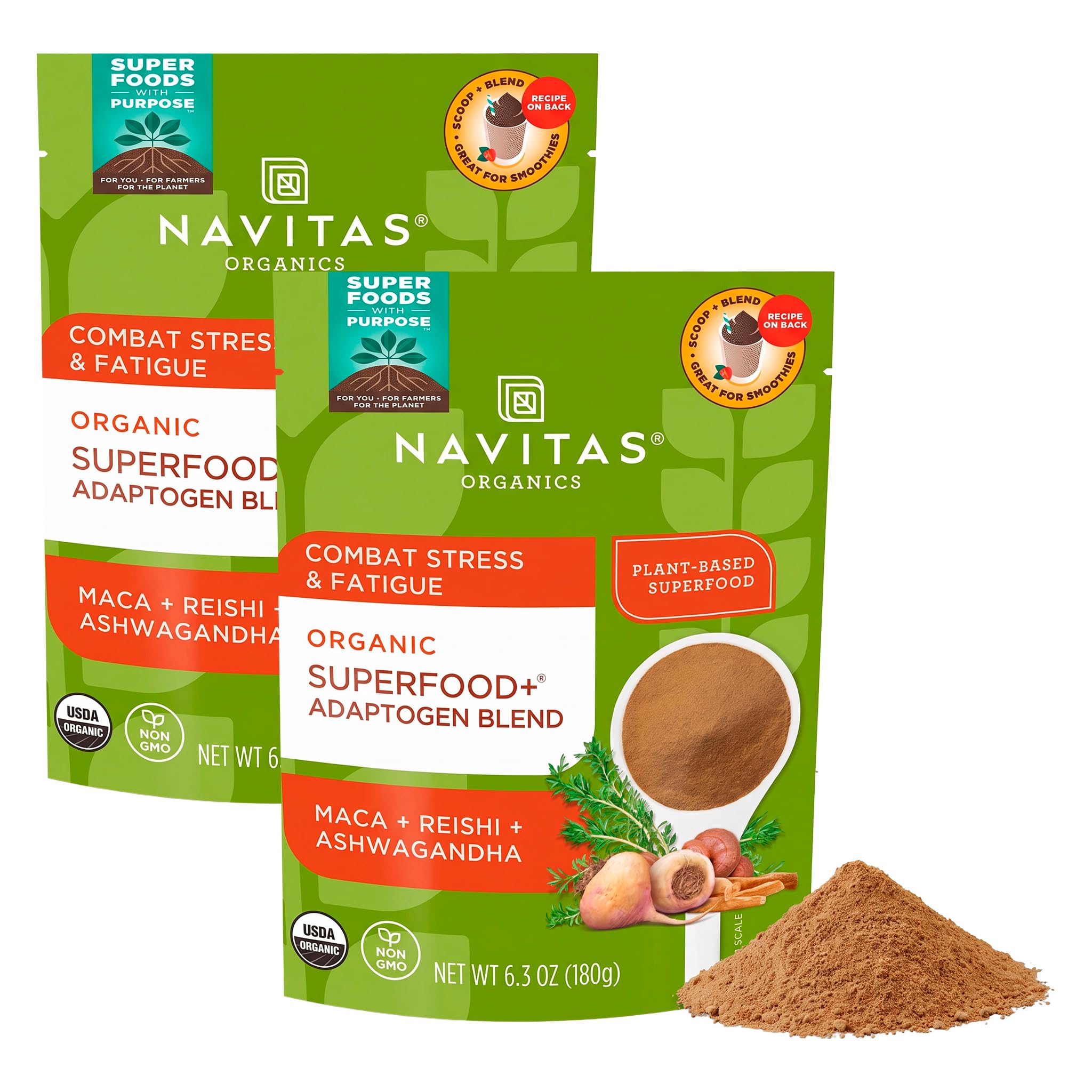 Navitas Organics Superfood+ Adaptogen Blend for Stress Support (Maca + Reishi + Ashwagandha),6.3oz Bag,30 Servings — Organic,Non-GMO,Vegan,Gluten-Free,Keto & Paleo.,(Pack of 2)