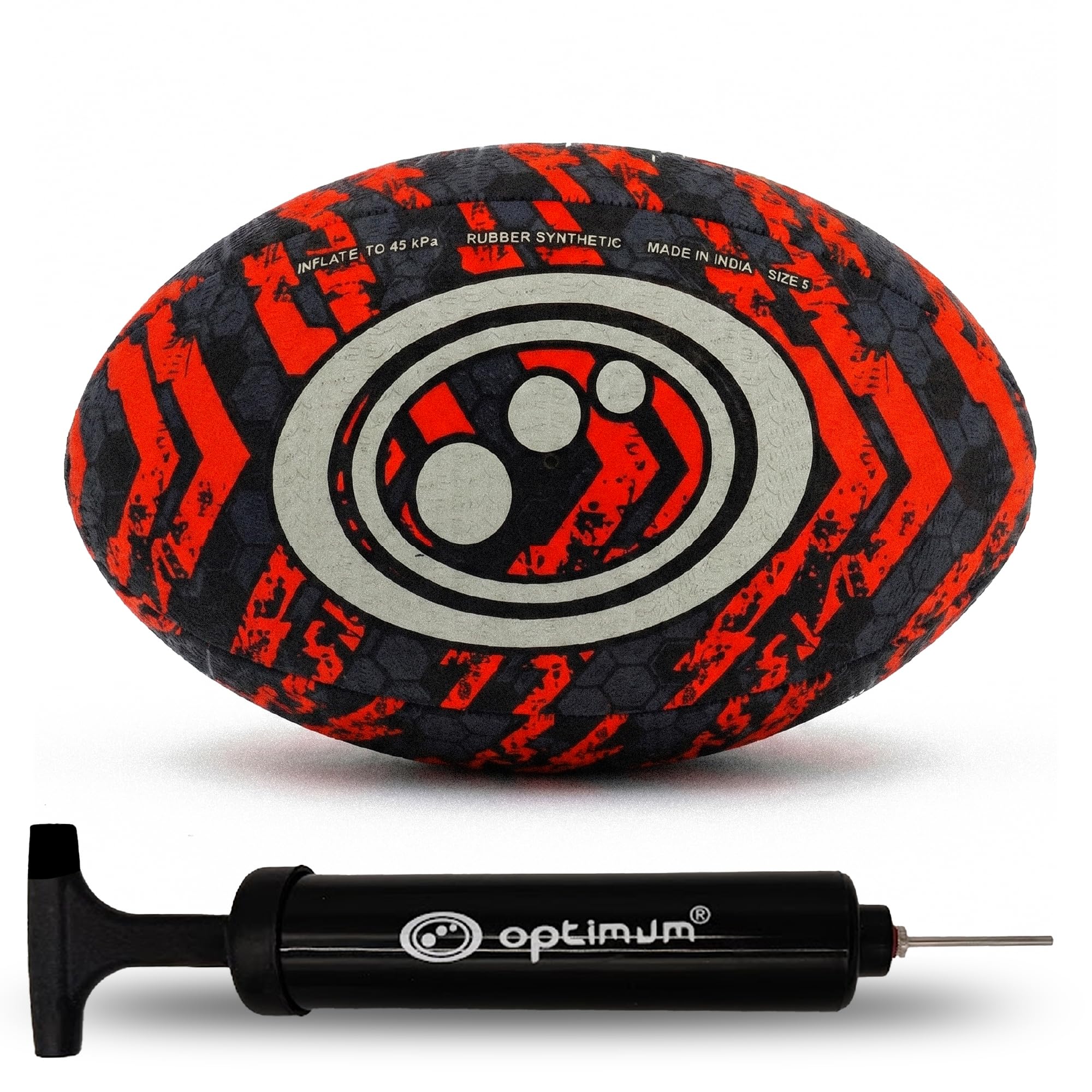 Optimum Street Rugby Ball & Ball Pump, Training Ball for Concrete & Park Sessions, Highly Visible for Night Games with Enhanced Grip Texture, Suitable for All Ages & Skill Levels - Orange, Size 5 โ image 1