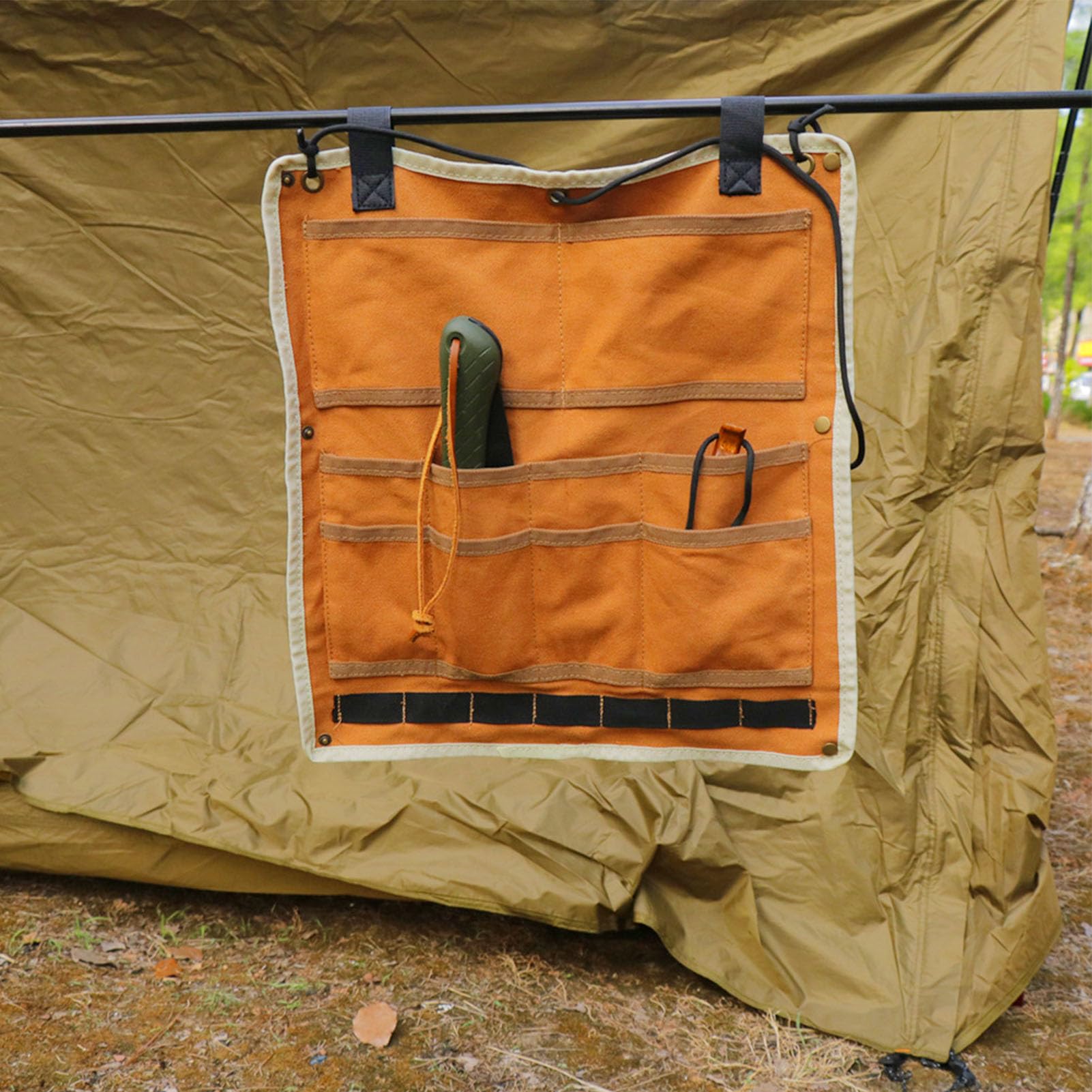 Cffuvros Camping Hanging Organizer for Tent, Multifunctional Canvas Storage Shelf with 6 Pockets, Portable Indoor Outdoor Hanging Camp Organizer for Gear Essentials