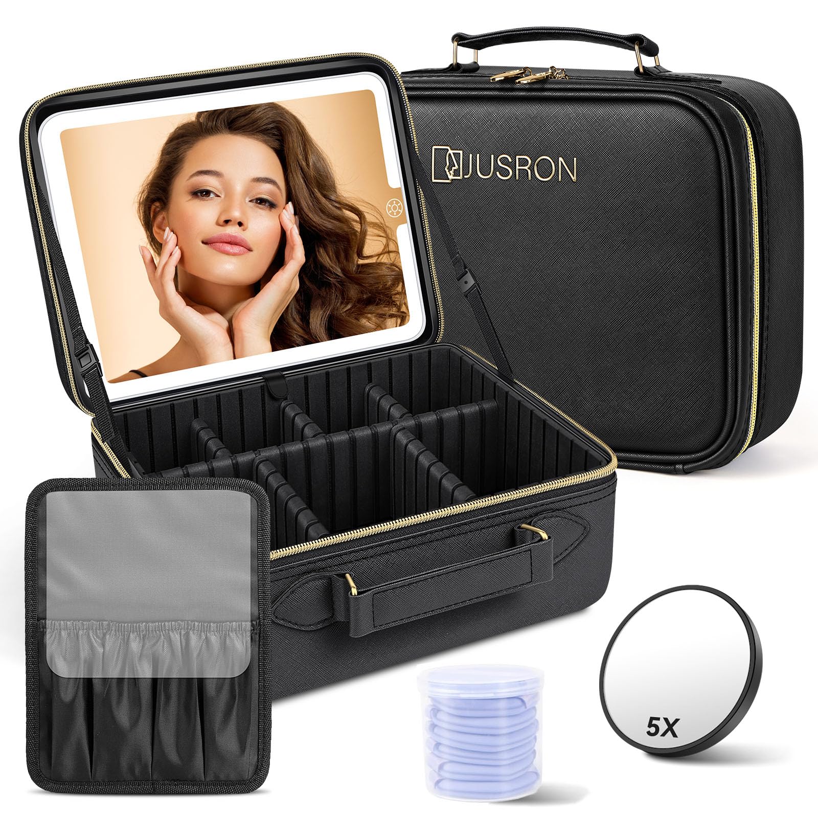 JUSRON Travel Makeup Bag Cosmetic Bag Makeup Organizer Bag with Lighted Mirror 3 Color Scenarios Adjustable Brightness, Waterproof Makeup Train Case