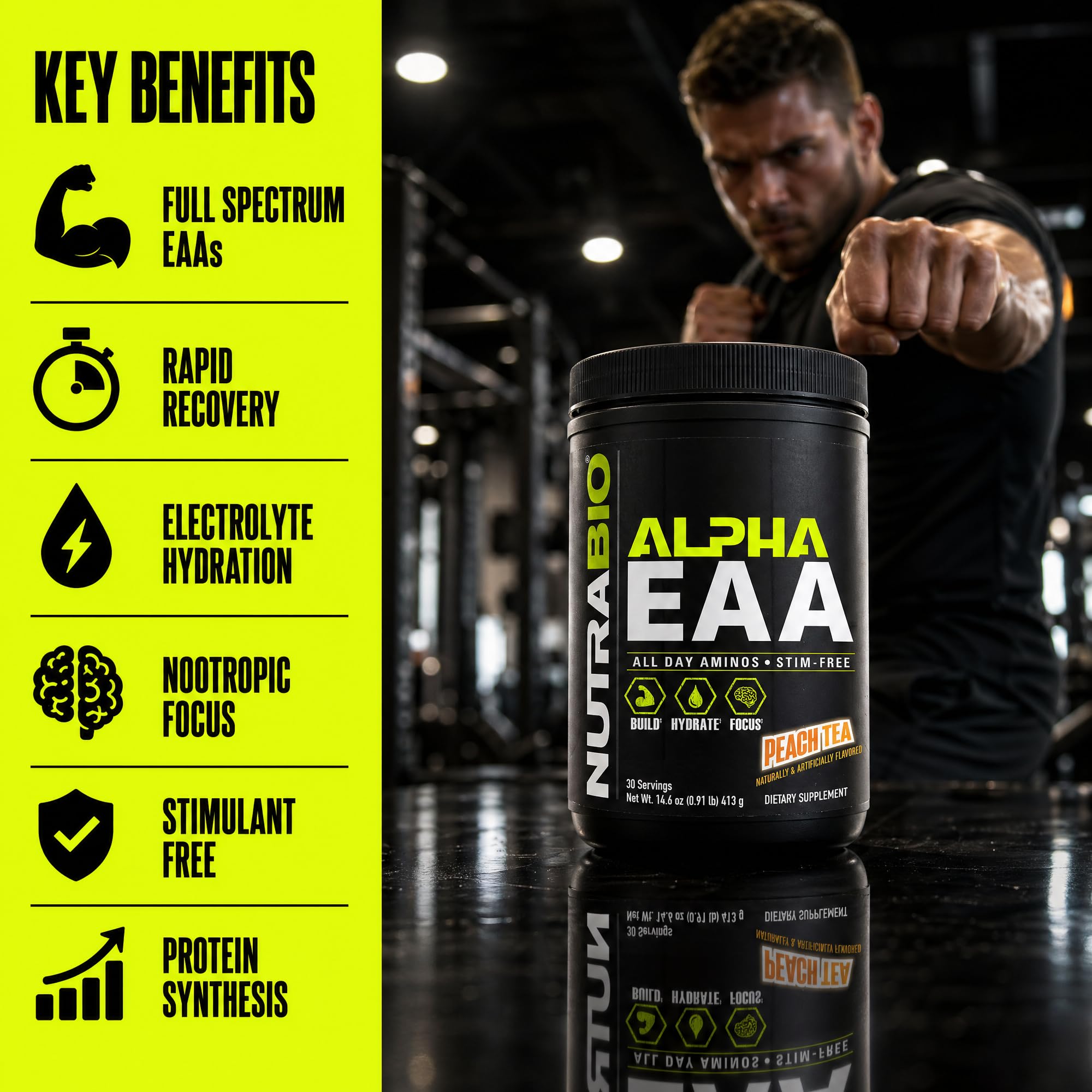 NutraBio Alpha EAA - All-Day Amino Acids for Muscle Growth and Hydration - Essential Amino Acids with Nootropics & Adaptogens- Full Spectrum EAA BCAA Powder - 30 Servings - Peach Tea — Amazon image 4