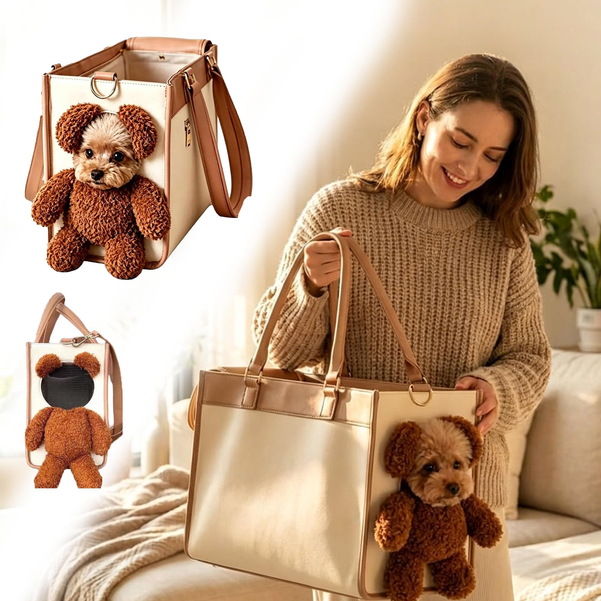 Teddy Carrier Bag for Dogs and Cats, Plush Pet Tote Bag (16×12×3 in)