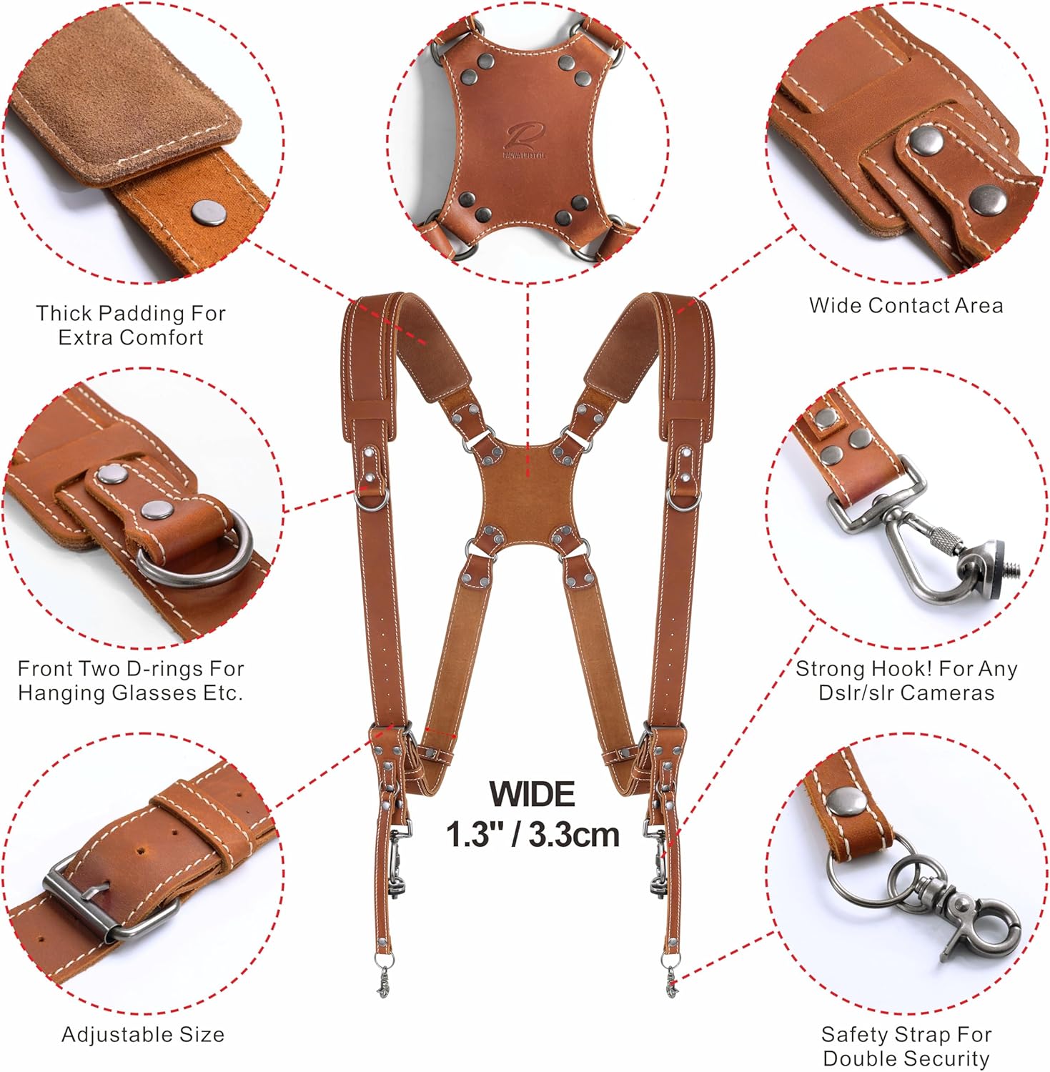 Padwa Lifestyle Tan Dual Camera Harness Strap with Padded for Two Cameras - Dual Shoulder Full Grain Leather Harness,Multi Camera Gear for DSLR/SLR Strap,Double Camera Harness for Photographers