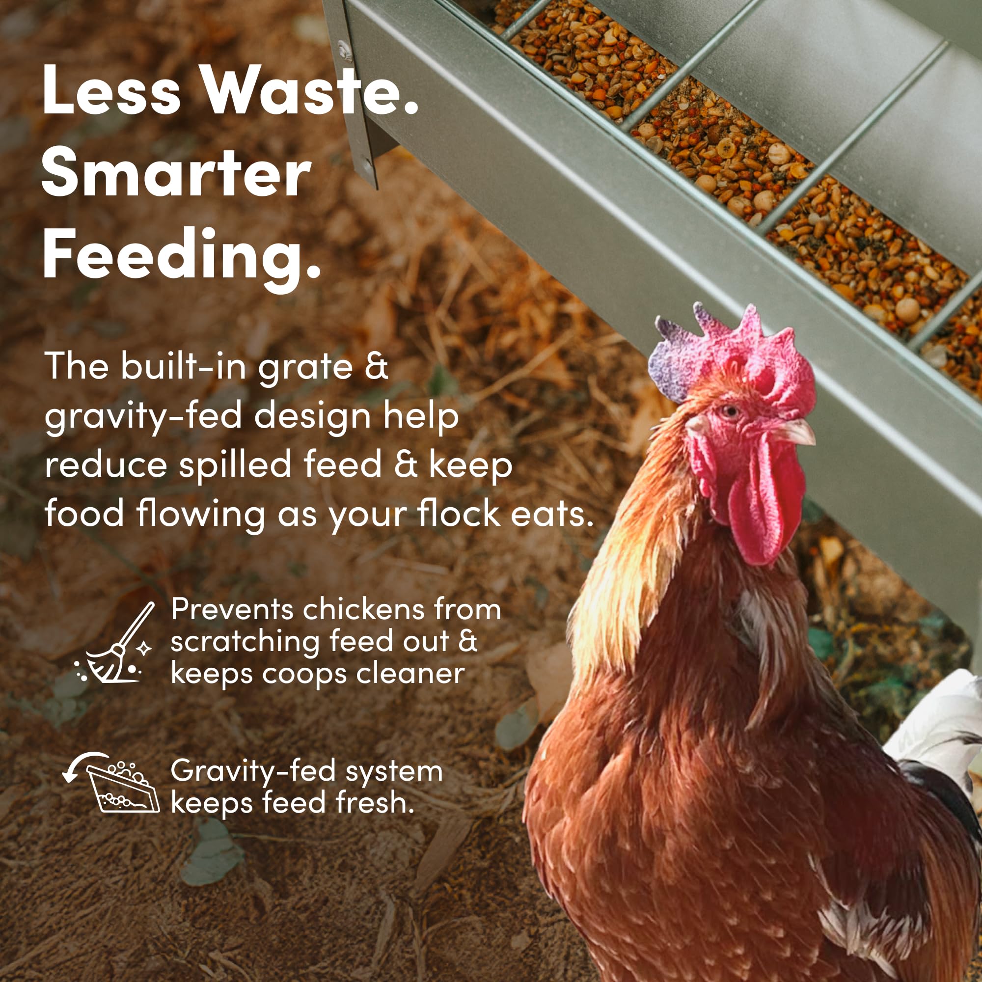 RentACoop Comedero galvanizado para pollo, dispensador de alimentos para aves de corral resistente a la intemperie con tapa, capacidad de 25 libras