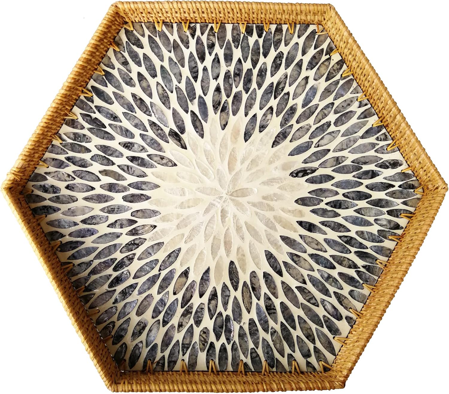 i-lan 17”Extra Large Hexagonal Rattan and MOP Woven Basket Tray, Boho Wicker Coffee Table Serving Basket Décor with 2 Inch Wall, Handmade Hexangular Display Basket for Countertop