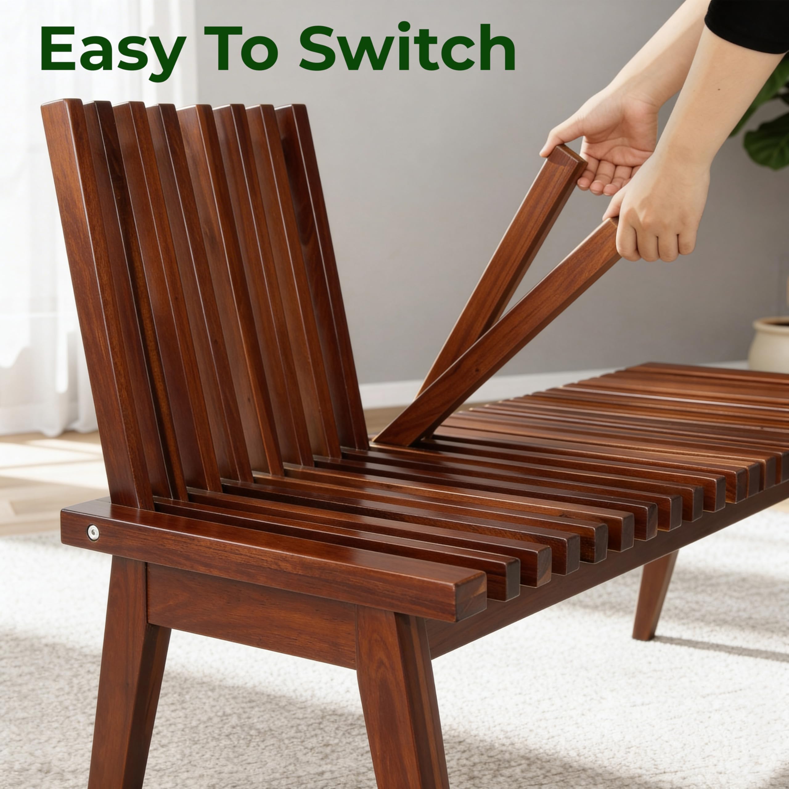 Melino Wooden Bench Outdoor 47" Convertible Acacia Wood Bench, Solid Wood Indoor Patio Benches for Outdoors, 3 in 1 Garden Bench for Porch Entryway Living Room Backyard Deck, Brown