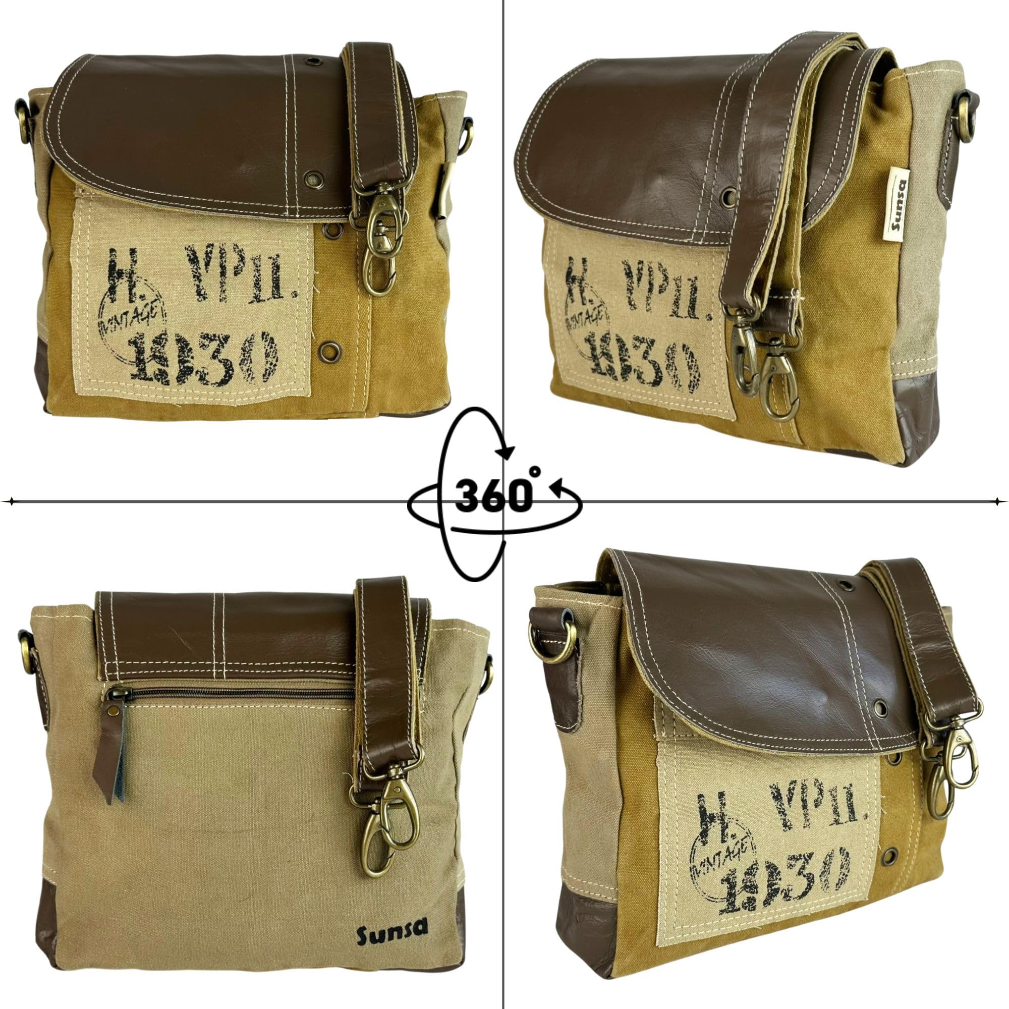 Sunsa Vintage Umhängetasche kleine Messengertasche aus Canvas & Leder braun