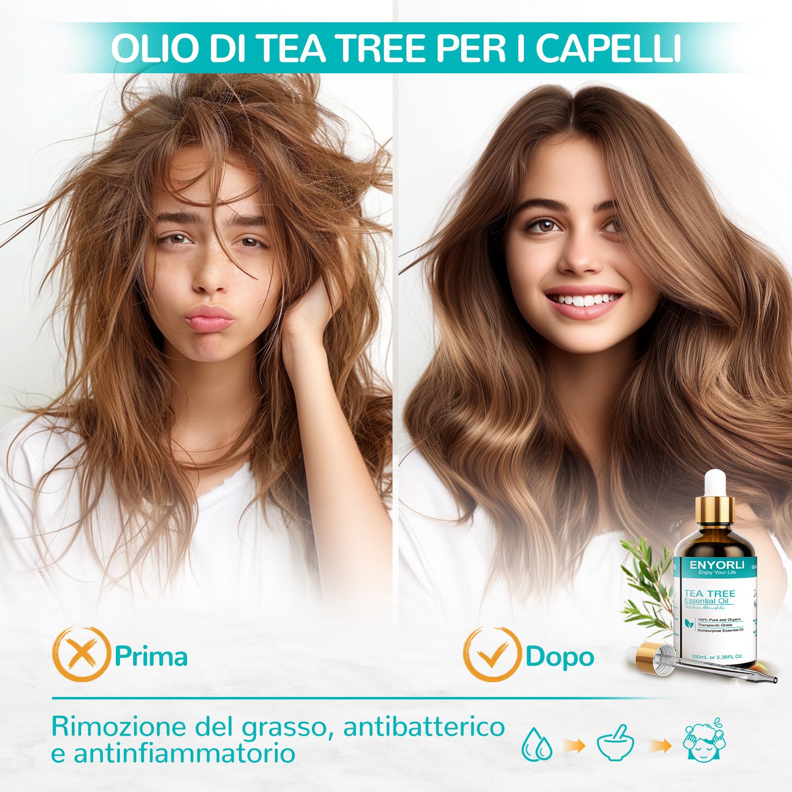 ENYORLI Tea Tree Essenziale Olio 100ml Naturale Tea Tree Olio per Pelle Viso Capelli Unghie, Aromaterapia, Diffusori, Fabbricazione di Candele, Massaggi, Cura della Casa, Sterilizzazione, Uso Esterno