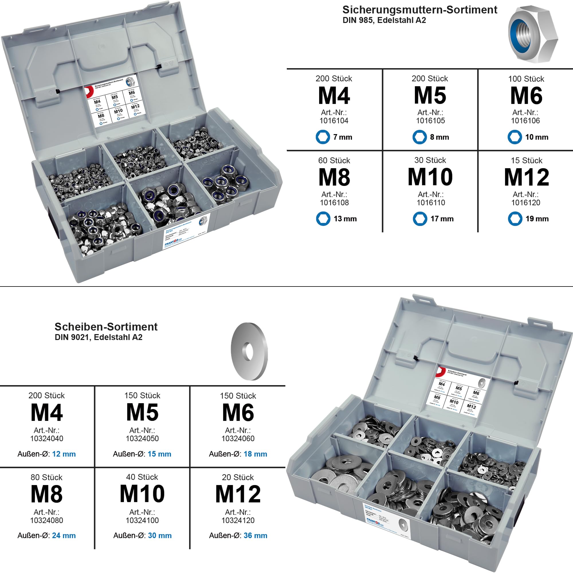 FRANTOS XXL Linsenkopfschrauben Set mit Muttern 3870-tlg (Edelstahl A2) in L-BOXX & L-BOXX Mini, Schrauben mit Flansch ISO 7380-2, Unterlegscheiben DIN 9021, Sicherungsmuttern DIN 985 INKL. Meterstab