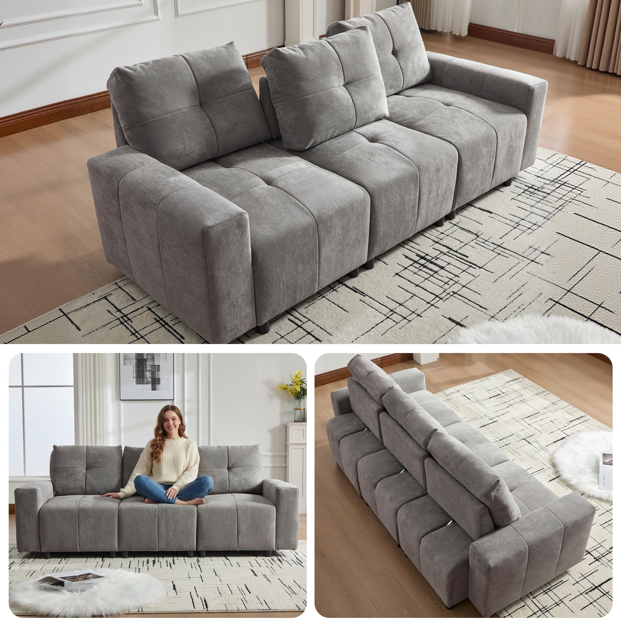 Merax 3-Sitzer Schlafsofa mit Verstellbarer Sitztiefe, multifunktionales Sofa mit Liegefläche & Gästebett, Chenille-Stoff, robuster Massivholzrahmen, gerades Kompaktdesign, Grau