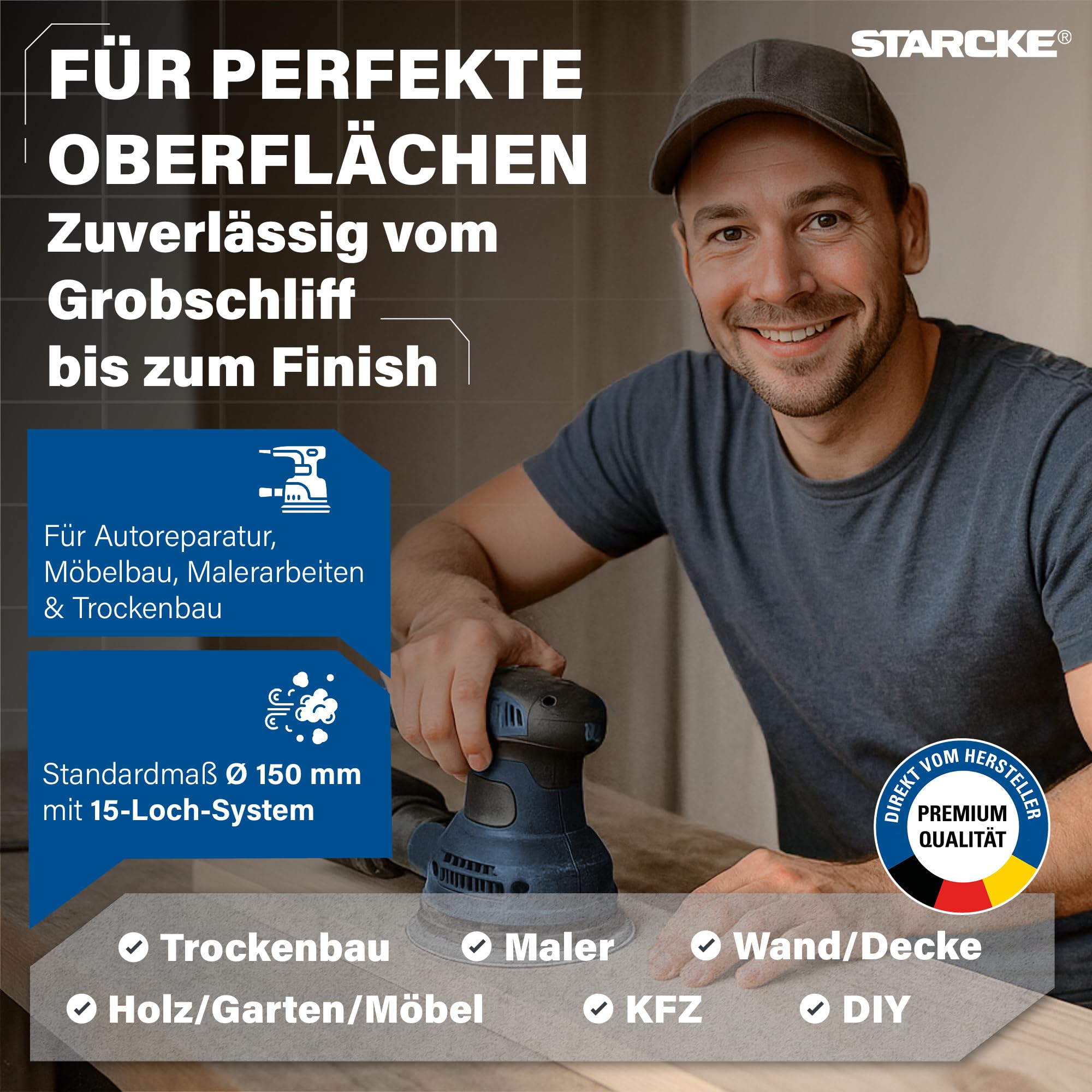 STARCKE® Schleifscheiben 150mm Klett - Langlebig - MADE IN GERMANY [50x/100x] - 15-Loch Exzenterschleifer 150mm Schleifscheiben - für Holz, Farbe, Lack, Spachtel, Kunststoff (P120,100x)