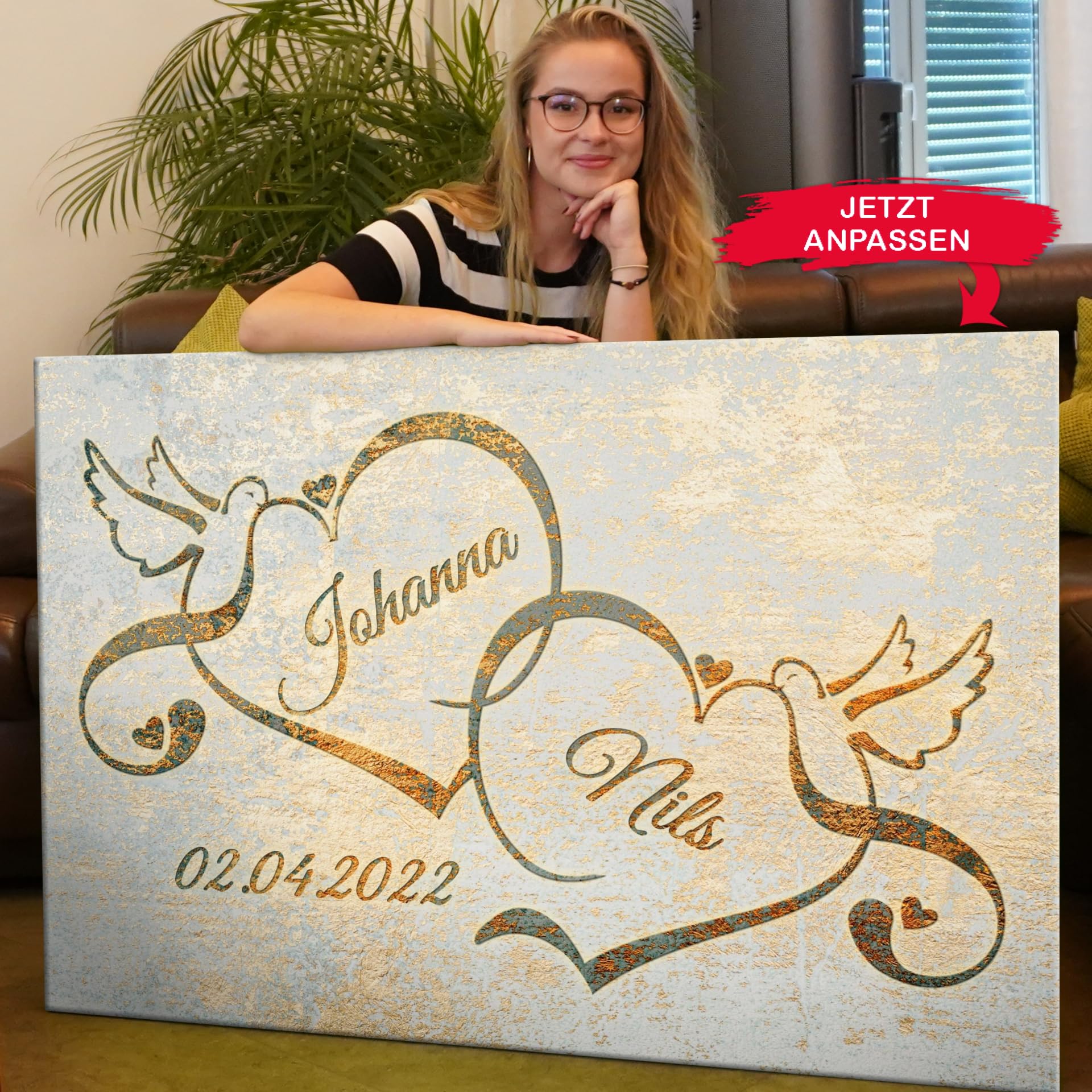 Liebesleinwand Leinwandbild personalisiert | Leinwand gestalten mit Namen und Datum Geschenk für Partner | Liebesvögel
