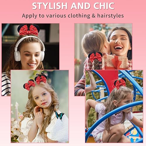 Miniatura 3 de Akkya Bandas elásticas para orejas de ratón con lazo rojo para mujeres, niñas, niños y adultos, paquete de 2 cintas para el pelo de ratón de dibujos