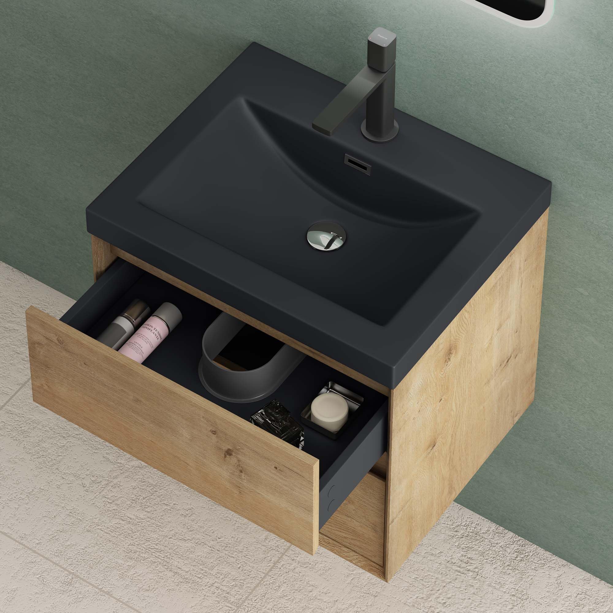 Mai & Mai Badmöbelset Waschbeckenunterschrank inkl. Waschbecken | Badezimmermöbel , 2 Schubladen mit Soft-Close, Anthrazit, aus Mineralguss Kerneiche 60 cm Rimo