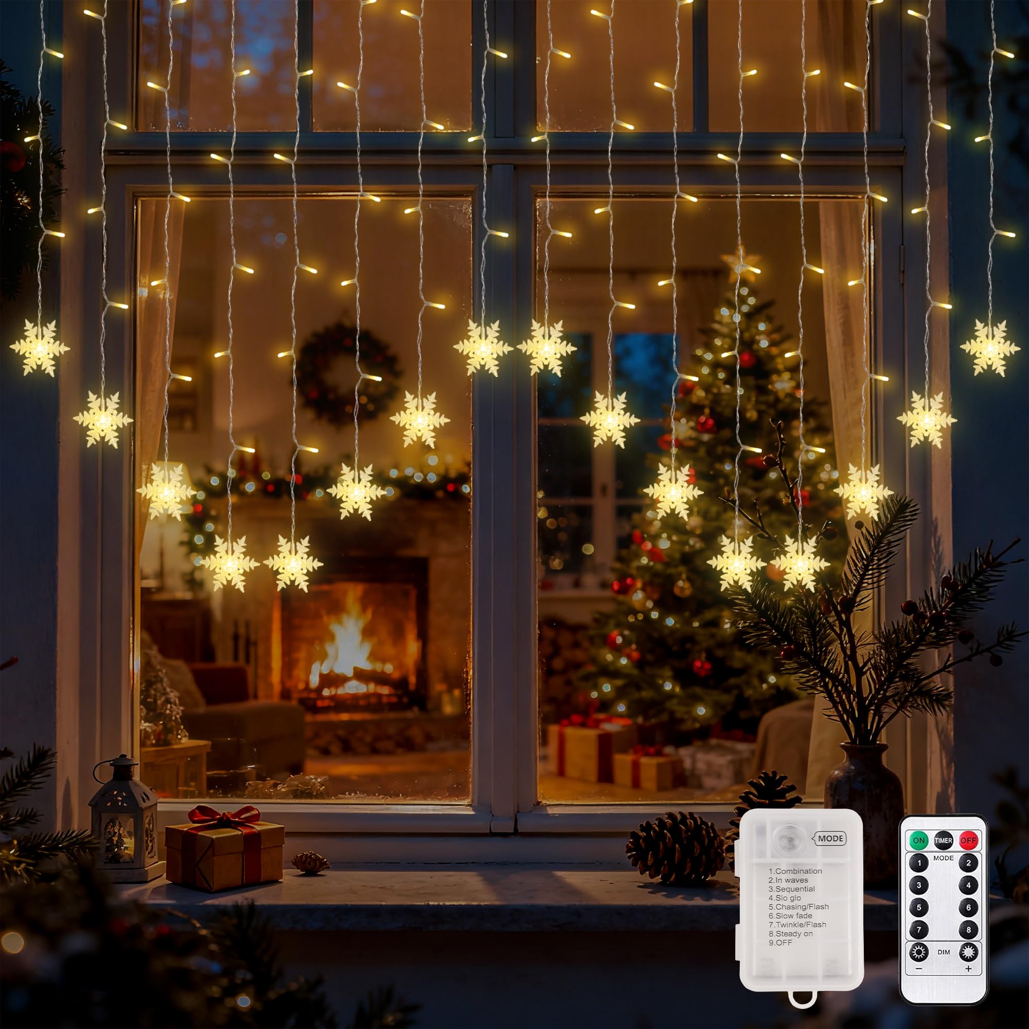 FemKey LED Lichterkette Schneeflocken, 2x1m Schneeflocken Lichtervorhang Weihnachtsdeko mit Timer, 8 Modi Lichterketten Vorhang Weihnachtsbeleuchtung Batterie+USB, Ideal für Innen Fenster Weihnachten Beleuchtung