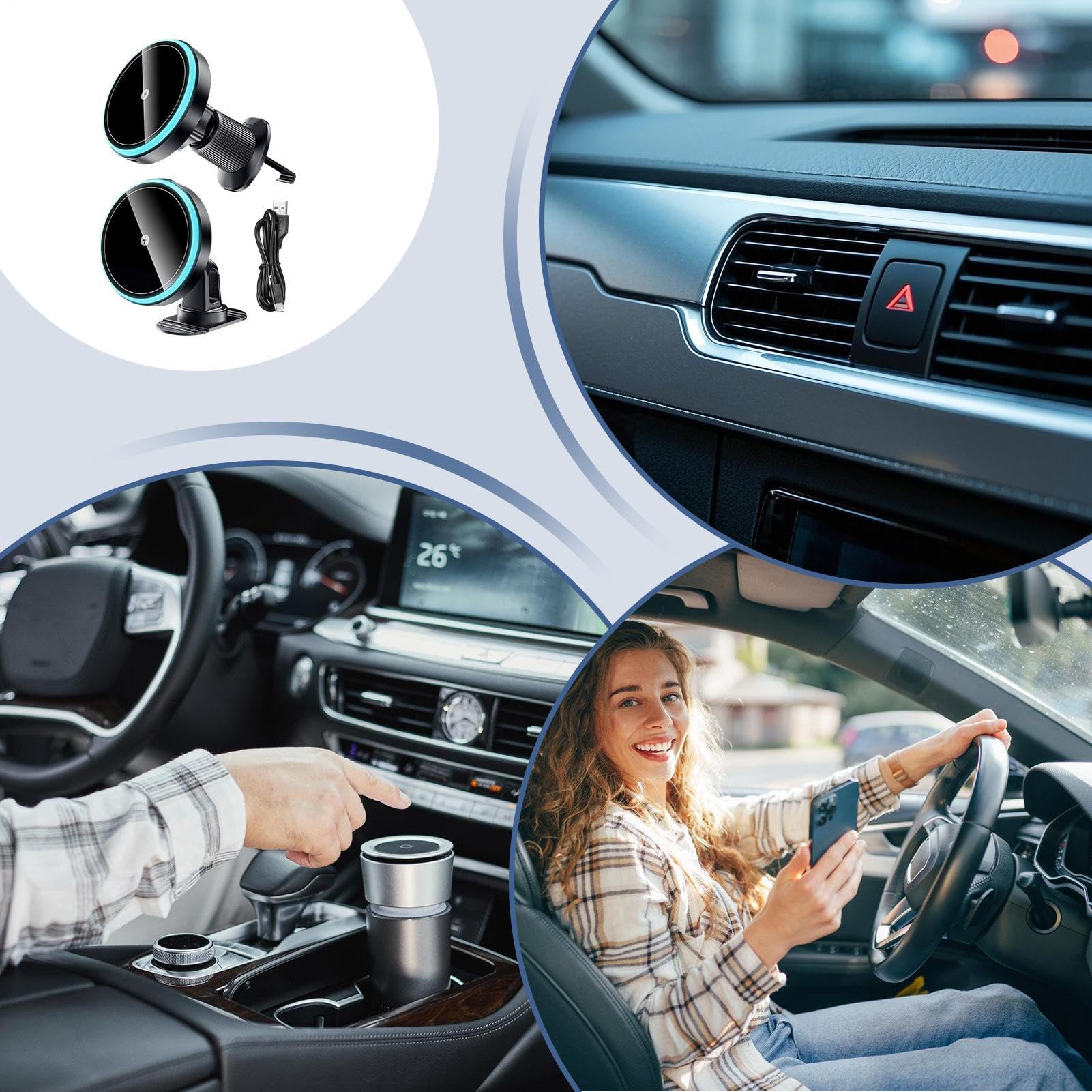 Caricatore Wireless Auto Angolazione magnetica regolabile | Supporto per Telefono Supporto Da Cruscotto, Console E Bocchetta 'Aria Per Veicoli