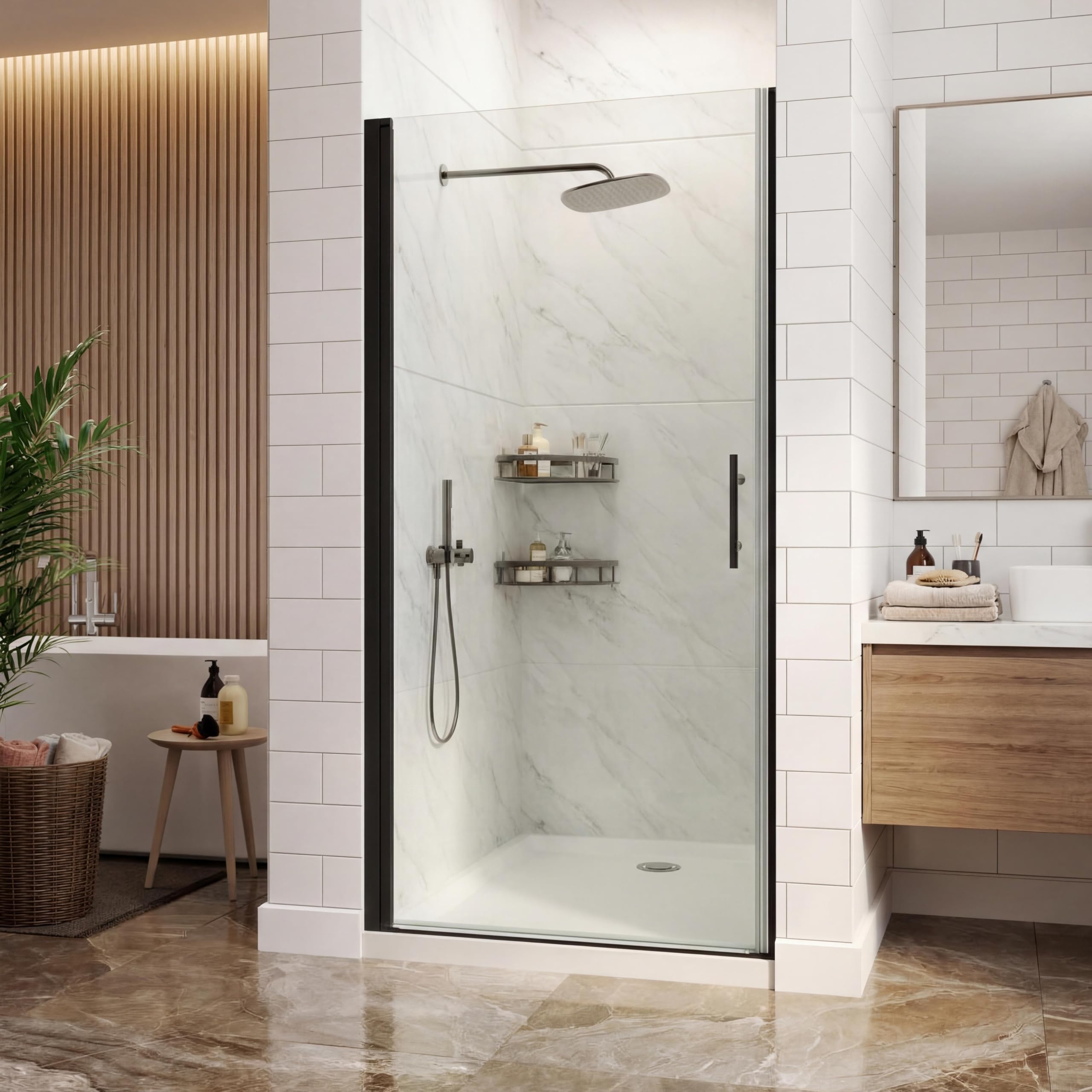 GarveeTech 34" W x 72" H Frameless Pivot Shower Door - 1/4" Tempered Glass with Matte Black Frame, Single Swing Door for Modern Bathroom,Waterproof &amp; Easy to Clean