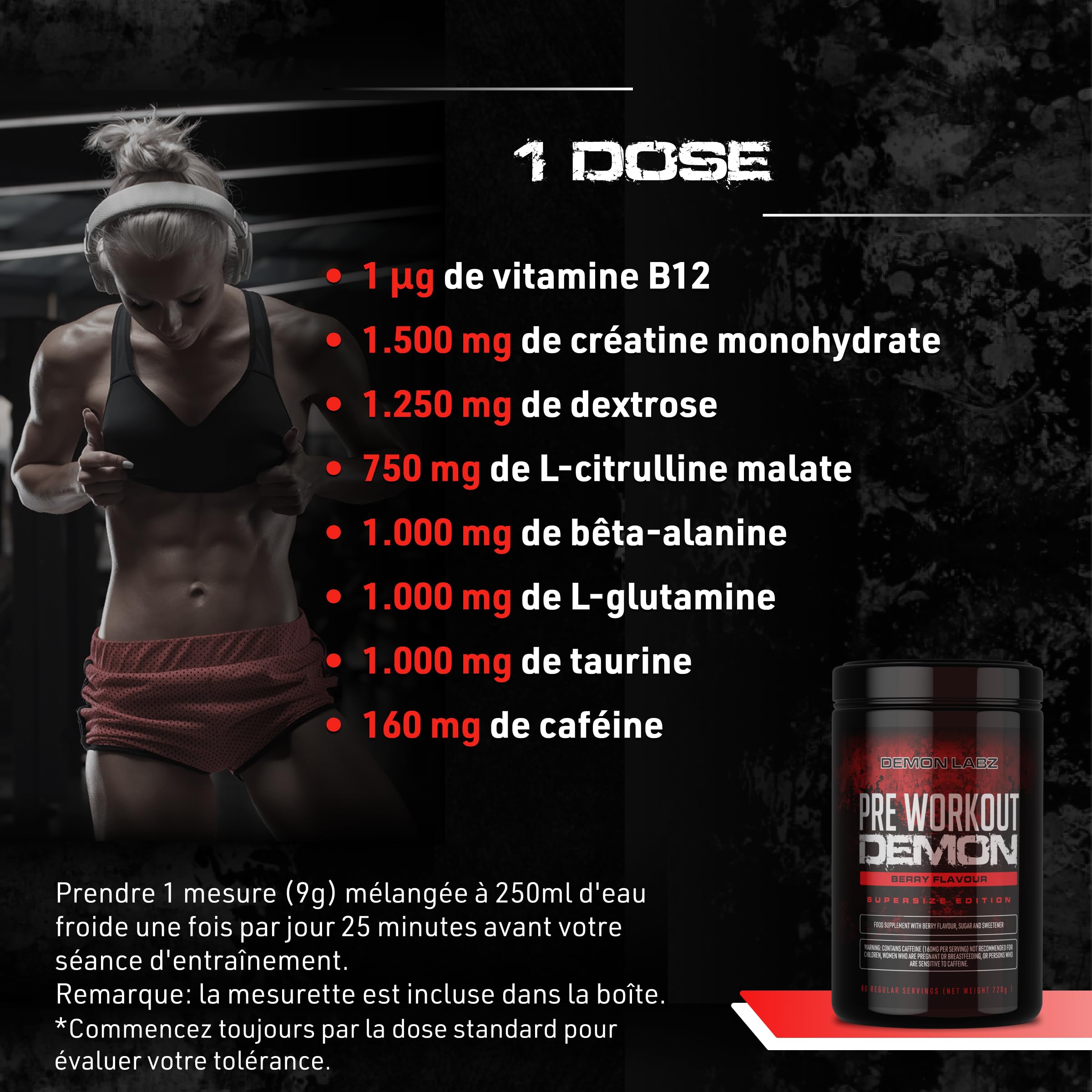 Pre Workout Demon - Pré-Entraînement Créatine (Fruits Rouges, 720g) | Booster pré-entraînement en poudre avec 160mg de caféine par dose, créatine, bêta-alanine, citrulline, glutamine et taurine