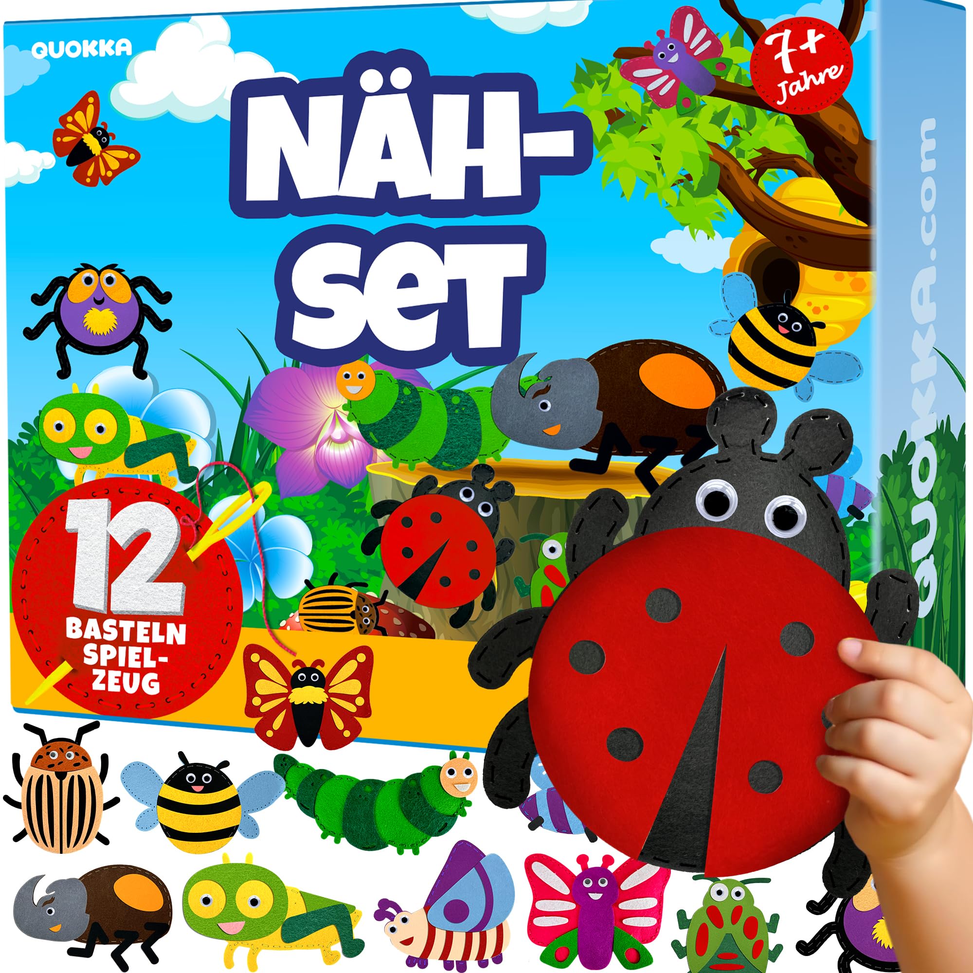 QUOKKA Bastelset Kinder ab 6-8 Jahre - DIY-Set mit Nadel und Faden für Anfänger - 12 Insekten Nähsets Basic - Filztiere Nähen ab 7-10 Jahre Mädchen und Junge
