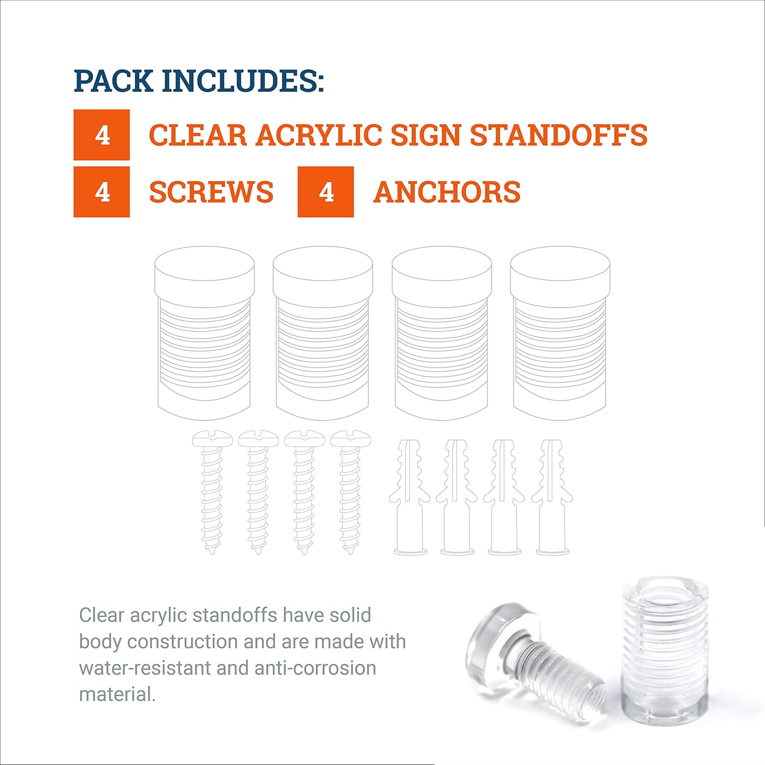 Clear Acrylic Display Sign Standoff - Sign Holder Wall Mounting Kit for Office Placards, Advertisements, and Frameless Pictures and Art (13mm x 19mm - 4 Pack)