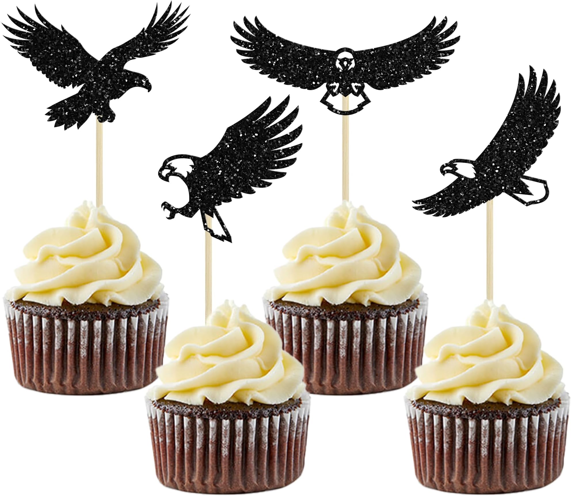 Ephlyn 24Pcs Eagle Cupcake Toppers Black Glitter Bald Eagle Cupcake Picks for Animal Eagle Theme Patriotic Birthday Party Baby Shower Cake Decorations Supplies