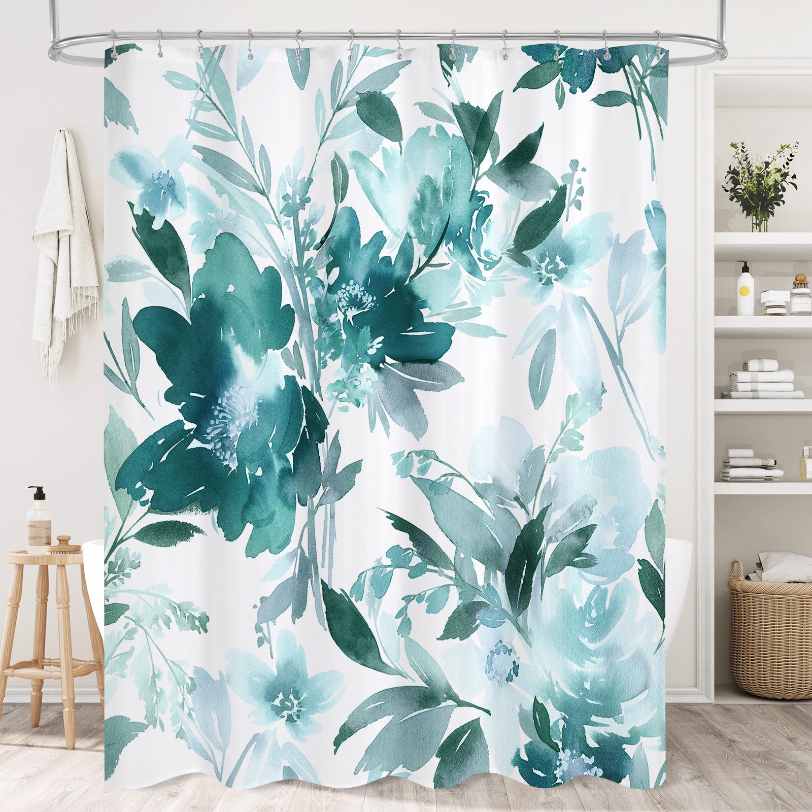 Litabel Teal Watercolor Floral Shower Curtain, Plant Leaves with Flower Shower Curtains for Summer Bathroom Decor, White Modern Fabric Botanical Waterproof Bathroom Curtain 72x72 Inch