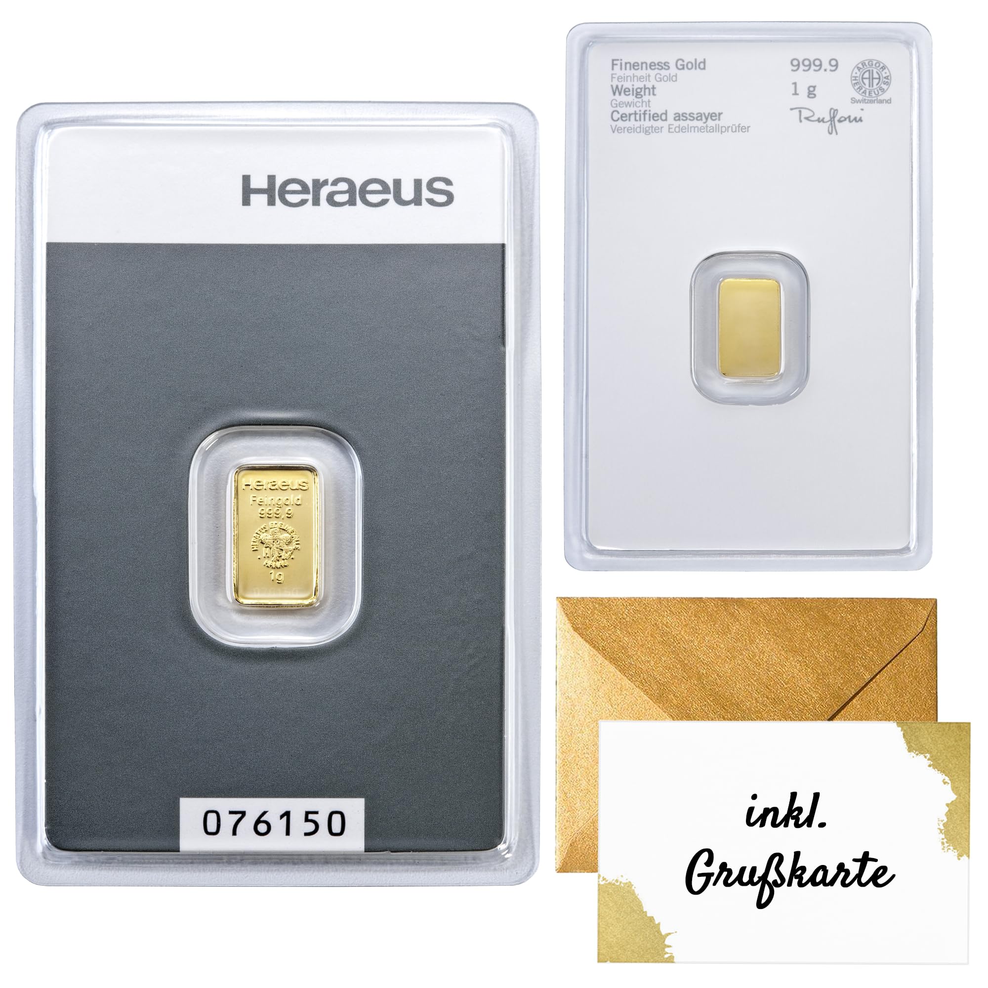 Goldbarren 1g - 1 Gramm Gold - Heraeus - Feingold 999.9 - Prägefrisch - LBMA zertifiziert | Prägefrisch, LBMA zertifiziert