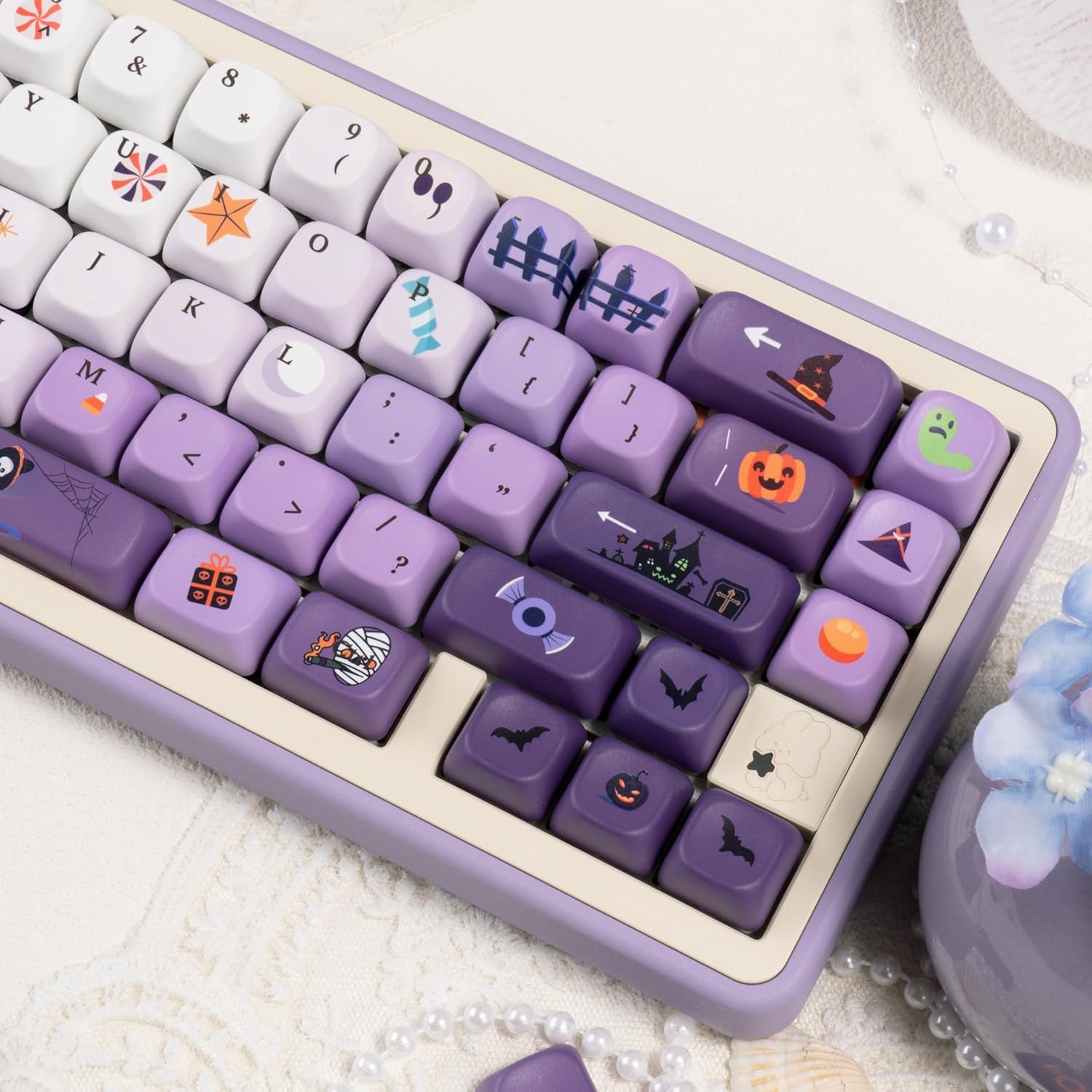 Gradient Purple PBT Keycaps Set - MOA Profile Round Keycaps, Cute Ghost Deisgn, 5 Side Dye Sublimation, Cartoon Halloween Key Cap for Mechanical Gaming Keyboard, 143 Keys