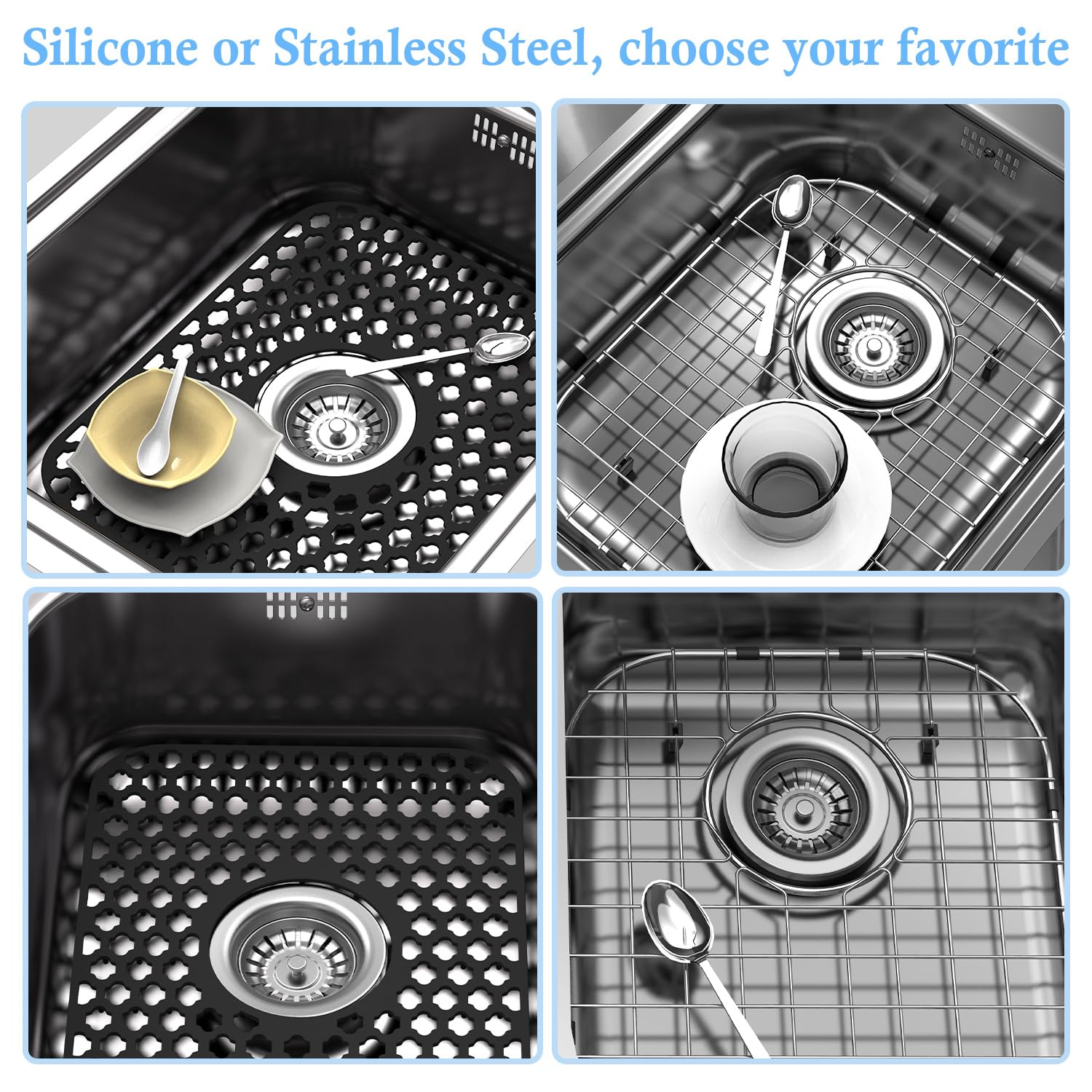 Paquete de 2 protectores de silicona para fregadero de cocina y baño, 13.58 x 11.6 pulgadas, resistentes al calor, protectores de fregaderos antideslizantes y duraderos, de silicona, drenaje 4