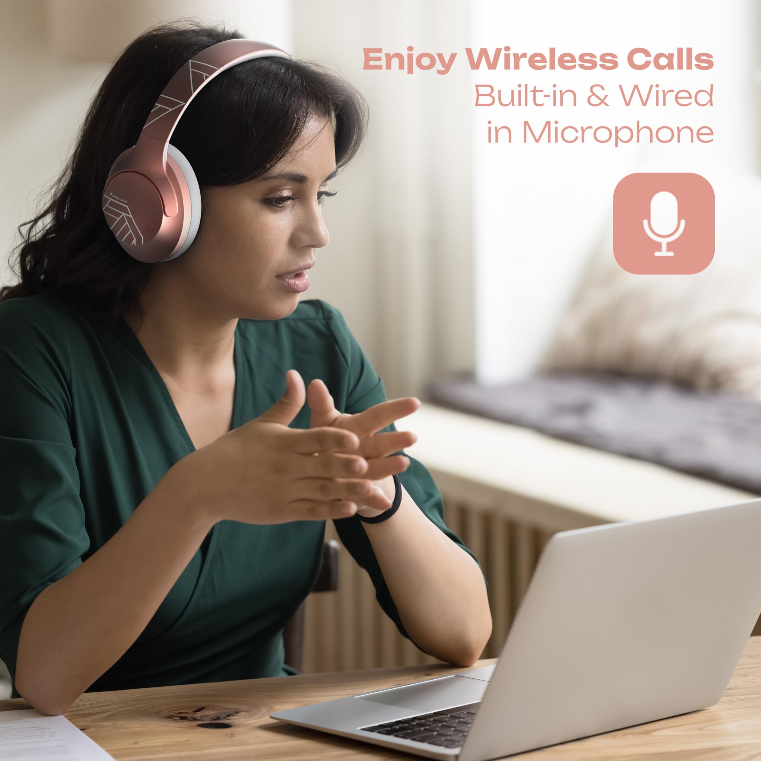 PowerLocus Cuffie Wireless Bluetooth, 50 ore di riproduzione, Cuffie Over Ear con 4 EQ Modalità di Suono, HiFi Suono, Cuffie Senza Fili con Microfono per Viaggio/Telefono/PC/Ufficio (Rose Gold)