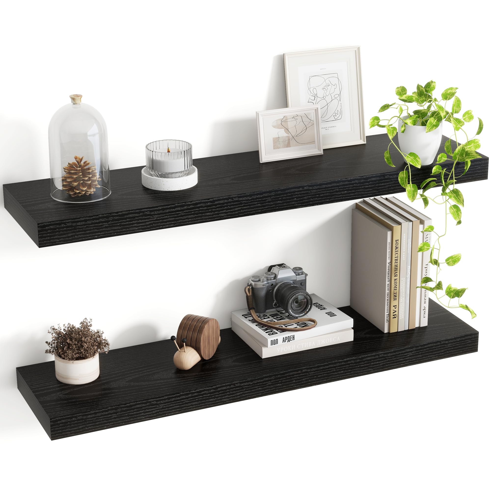 Acovy 30 Inch Floating Shelves, 8 Inch Deep Floating Shelves for Wall, Hanging Shelf with Invisible Brackets, Deep Shelves for Bathroom, Bedroom, Living Room, Black, Set of 2 โ image 1