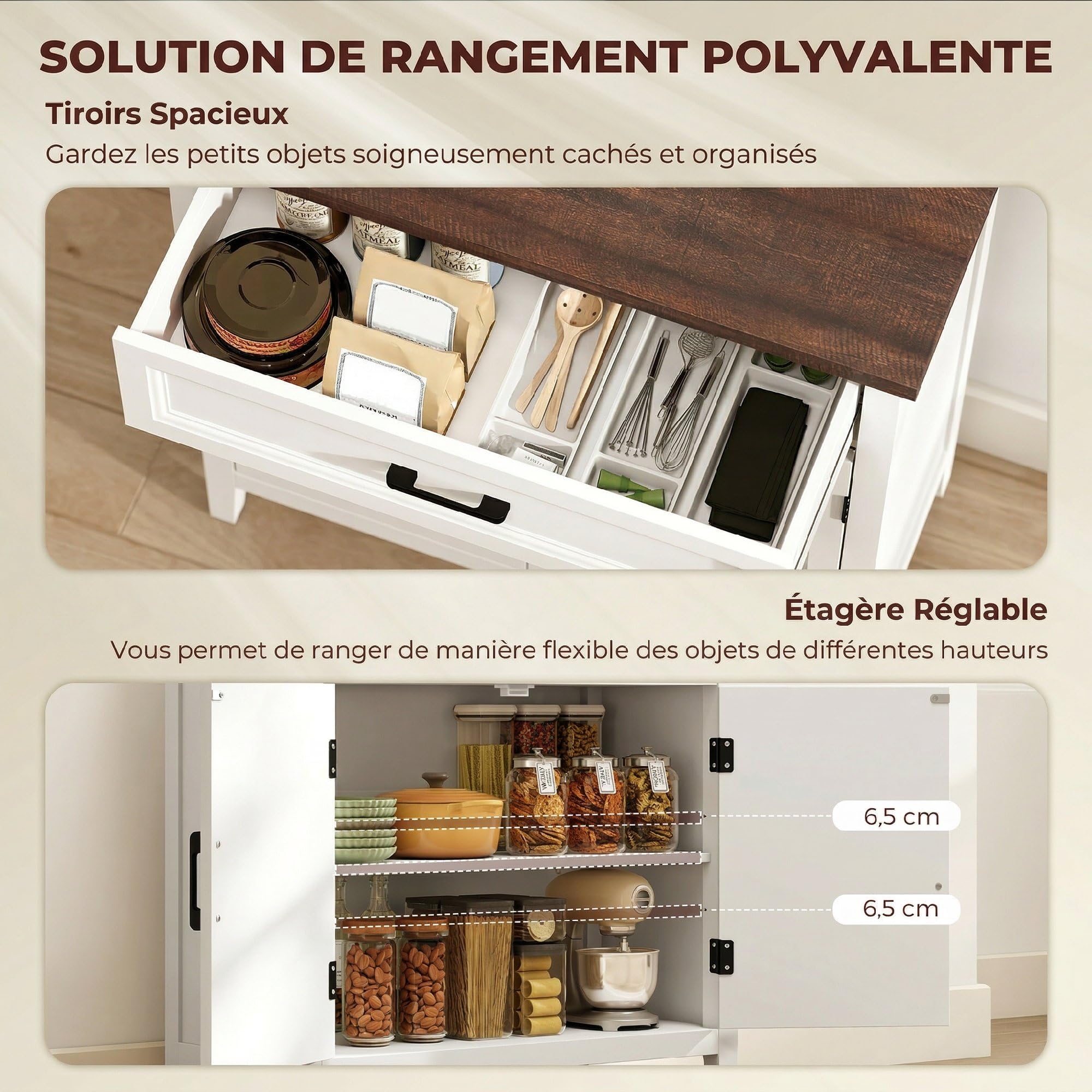 HOMCOM - Aparador para salón (76 x 35 x 80 cm), color blanco | Mueble de almacenamiento, 2 puertas de Chevron, estilo rústico, aparador comedor, cocina