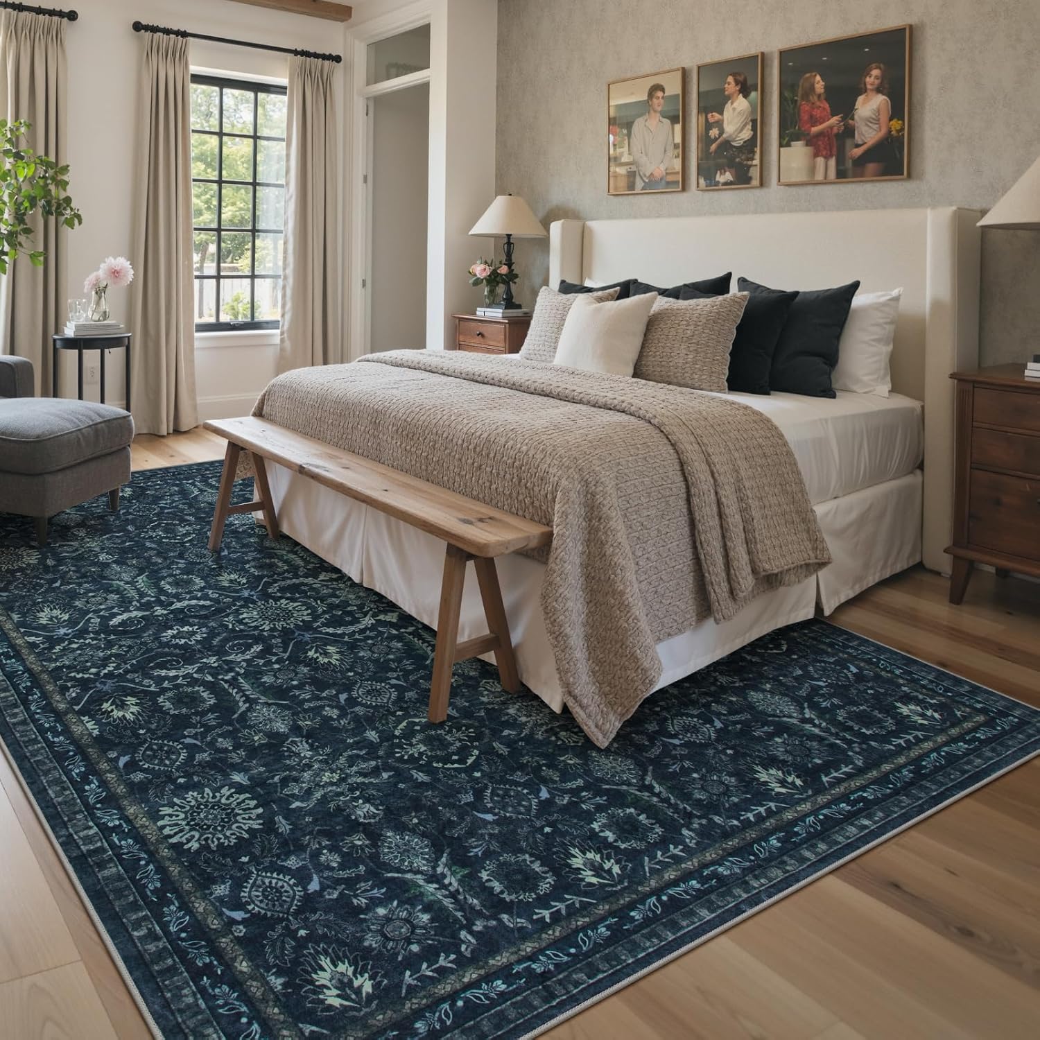 Lahome Mirae Navy Blue 8x10 Area Rugs for Living Room,Boho Machine Washable Dining Room Area Rugs,Dark Vintage Thin Stain Resistant Carpets for Bedroom Dorm Home Office