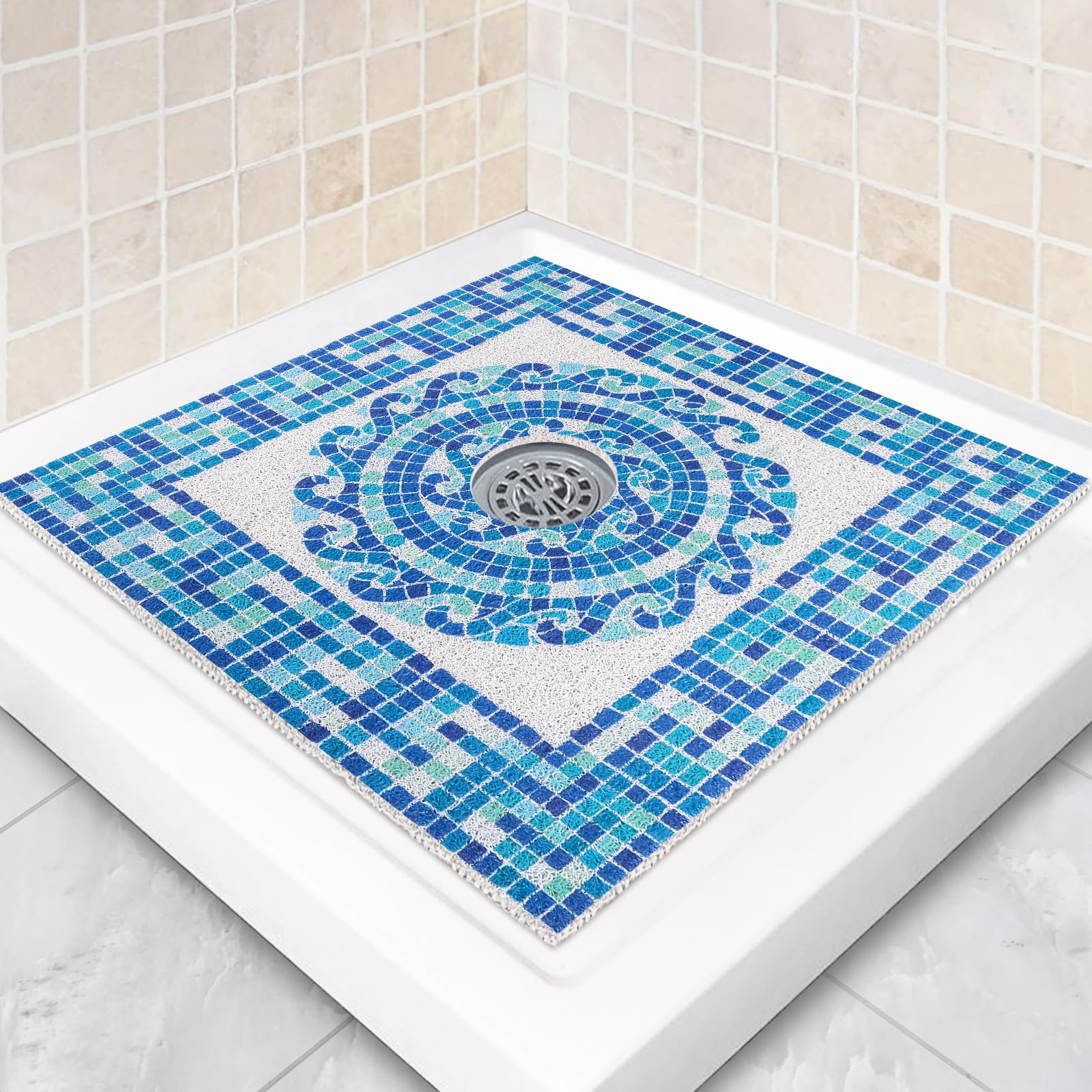 Square Shower Mat Non Slip: 24 x 24 Inch Soft Loofah Shower Stall Mat with Center Drain Hole - Secure Stand Up Shower Grip Pad for Inside Shower