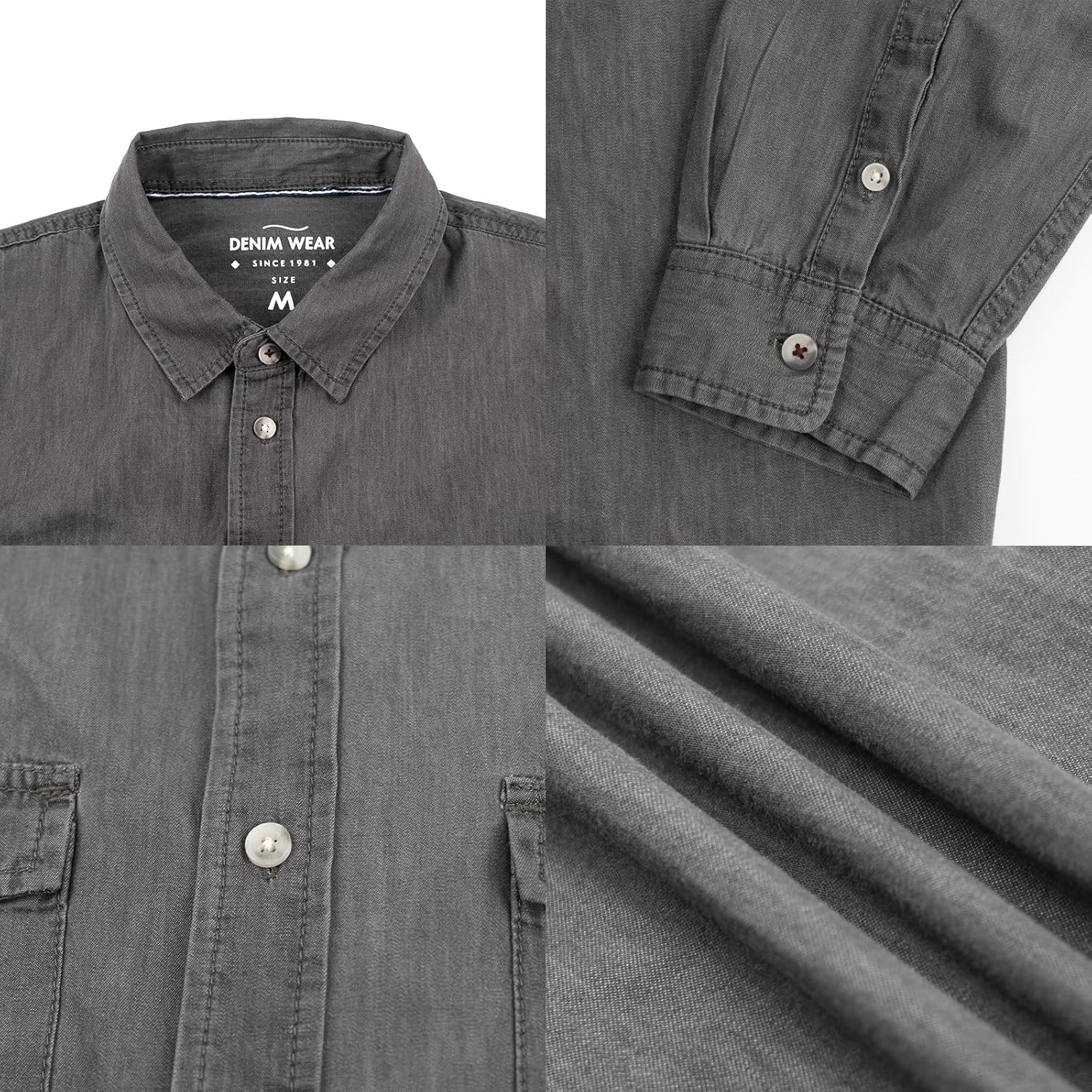 FASHIONSPARK Men’s Long Sleeve Denim Shirt Button Down Casual Chambray Work Shirt with Chest Pockets - Image 6