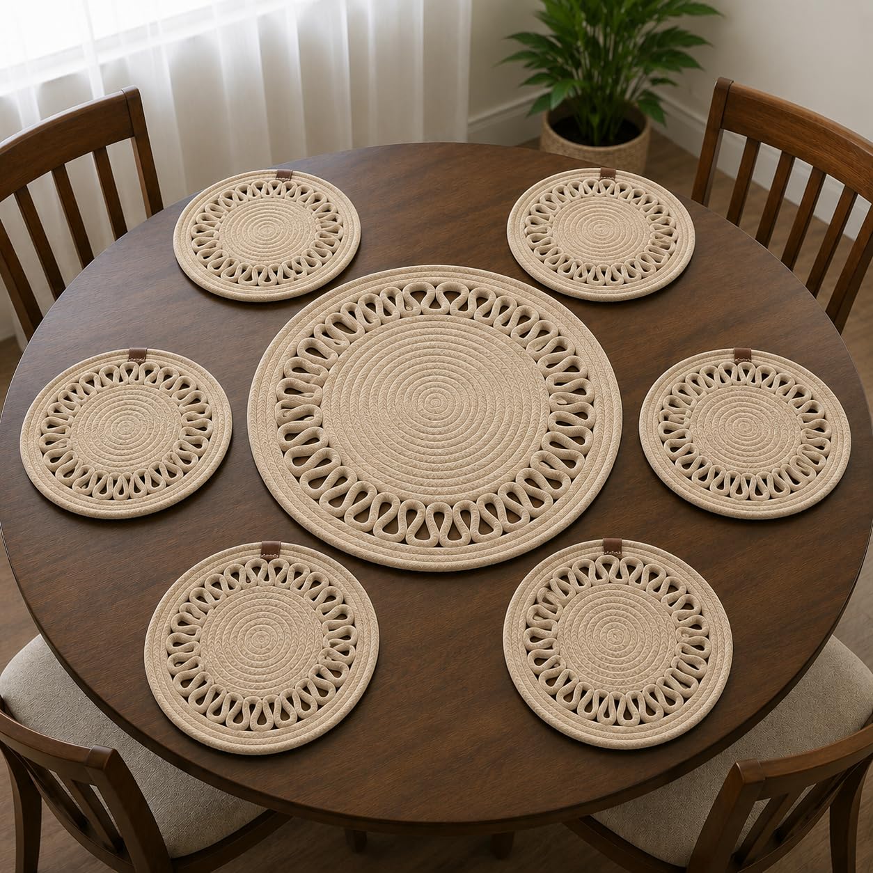 Round Braided Cotton Rope Placemat & Centerpiece Set (Set of 7) | Braided Loop Border, Dining Table Decor, Heat Resistant,100% Cotton-image-10