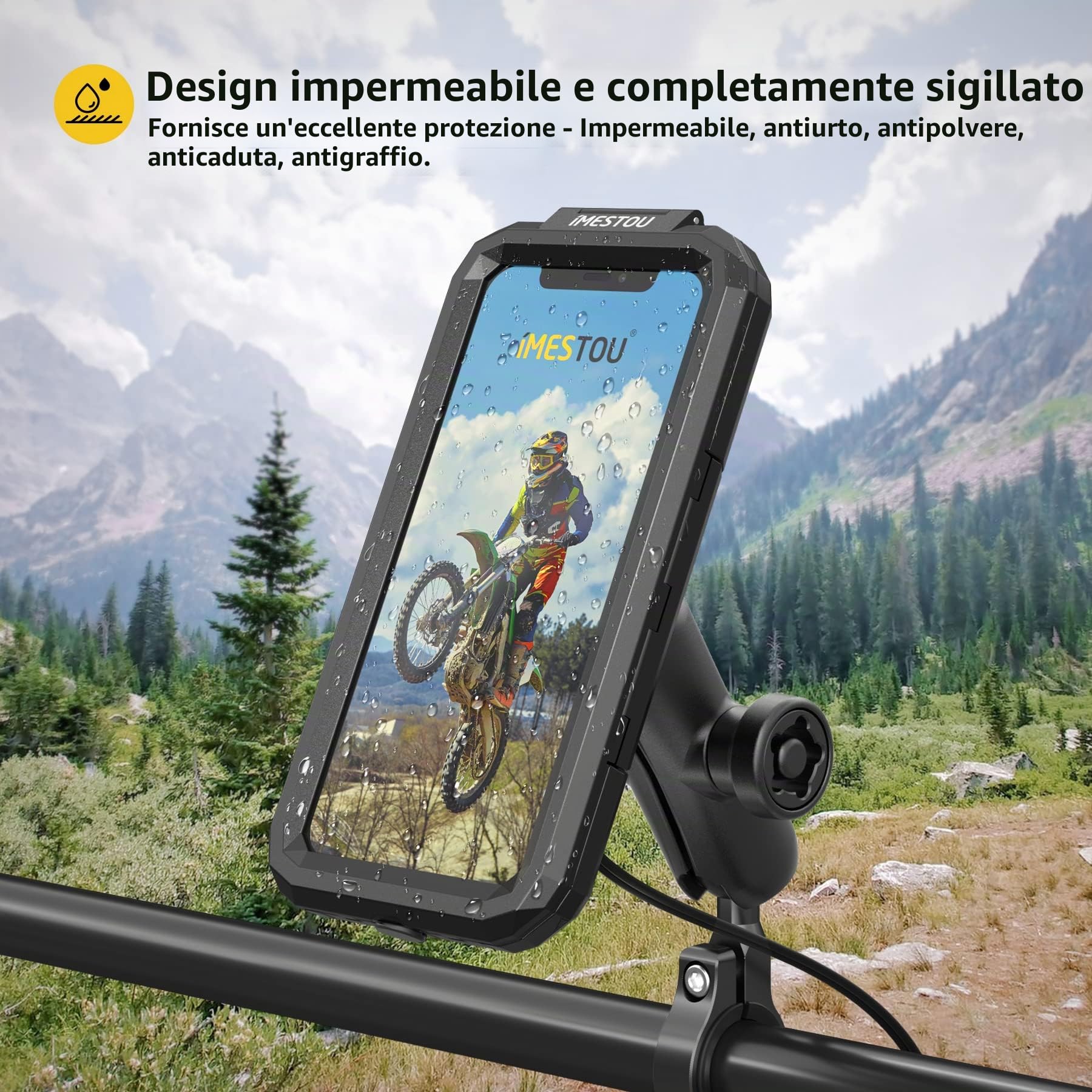 iMESTOU Supporto Wireless Impermeabile per Telefono da Moto, Caricatore Senza Fili Antifurto da Manubrio con USB C, Supporto per Telefono a Sfera da 1" a Ricarica Rapida per Smartphone da 5,5"-6,8"(L)