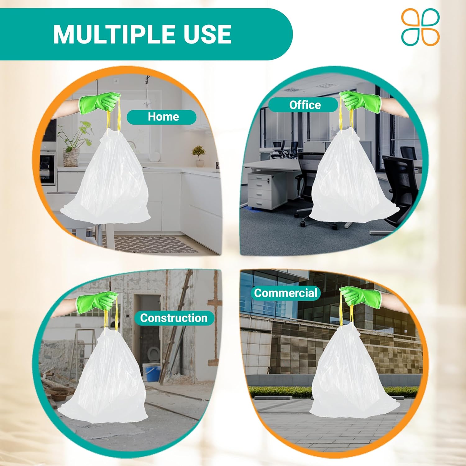 PlasticMill Drawstring Trash Bags - White Garbage Bags - Plastic Trash Bags - Kitchen, Bathroom, Office Garbage Bags, Trash Can Liners - 8-Gallon Small Trash Bags, 0.7 Mil, 22"x22" (50-Count)
