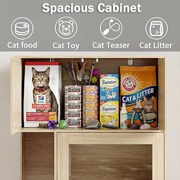 2-Tier Cat Litter Box Enclosure, Hidden Litter Box Furniture with Filter Board, Wooden Indoor Cat House with Large Cabinet & 2 Glass Doors for Living Room Bedroom, Natural