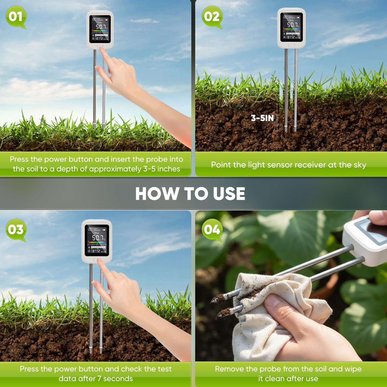 6-en-1 mesureur de sol avec Type-C, mesureur d’humidité pour plantes, capteur d’humidité du sol, mesureur de pH du sol, hygromètre pour plantes et testeur de sol pour pelouse, jardin et plantes en pot