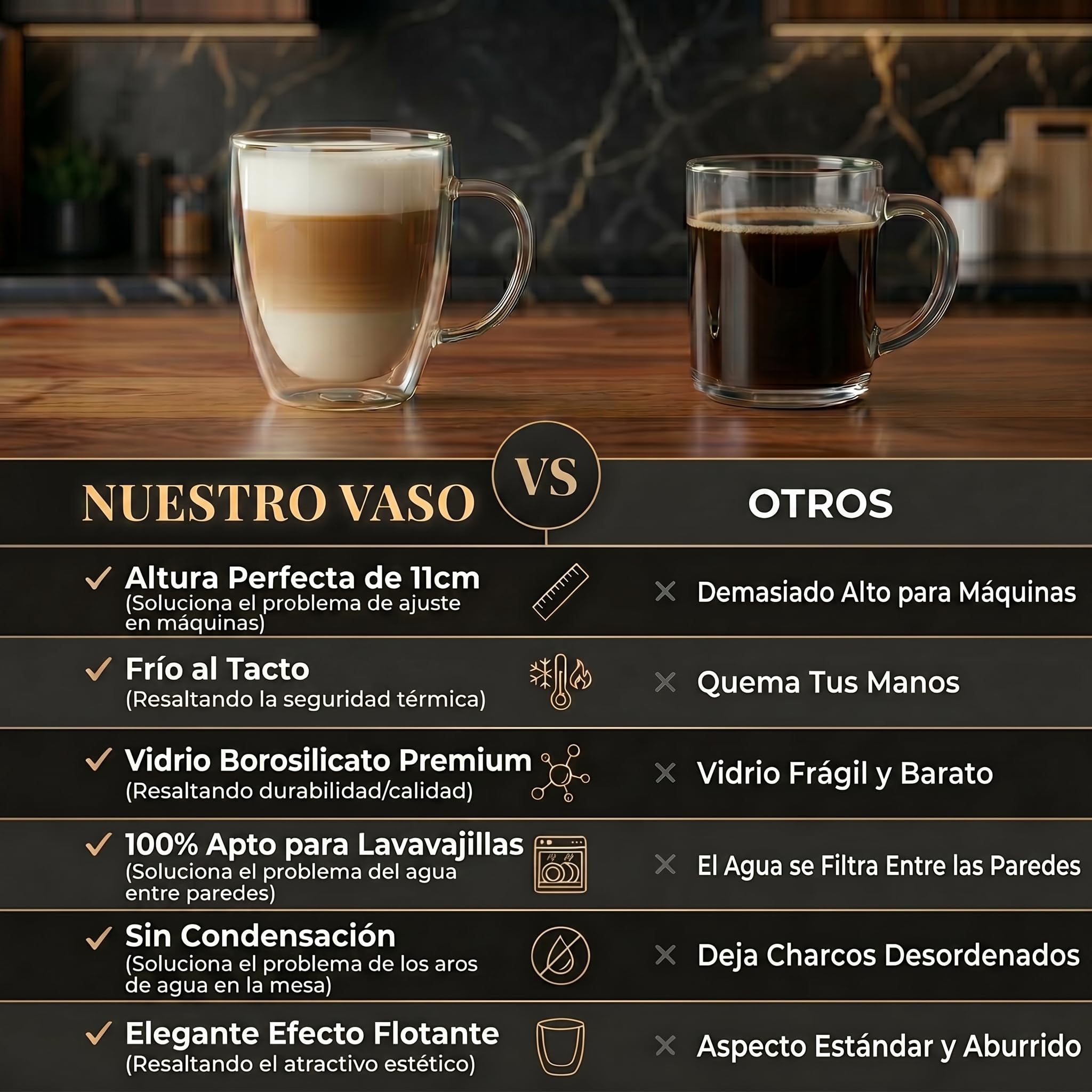 Dimono® Vasos de Doble Pared con Asa, 450 ml – Set de 6 | Vidrio borosilicato soplado a mano – efecto flotante – apto lavavajillas – ideal latte, cócteles y agua