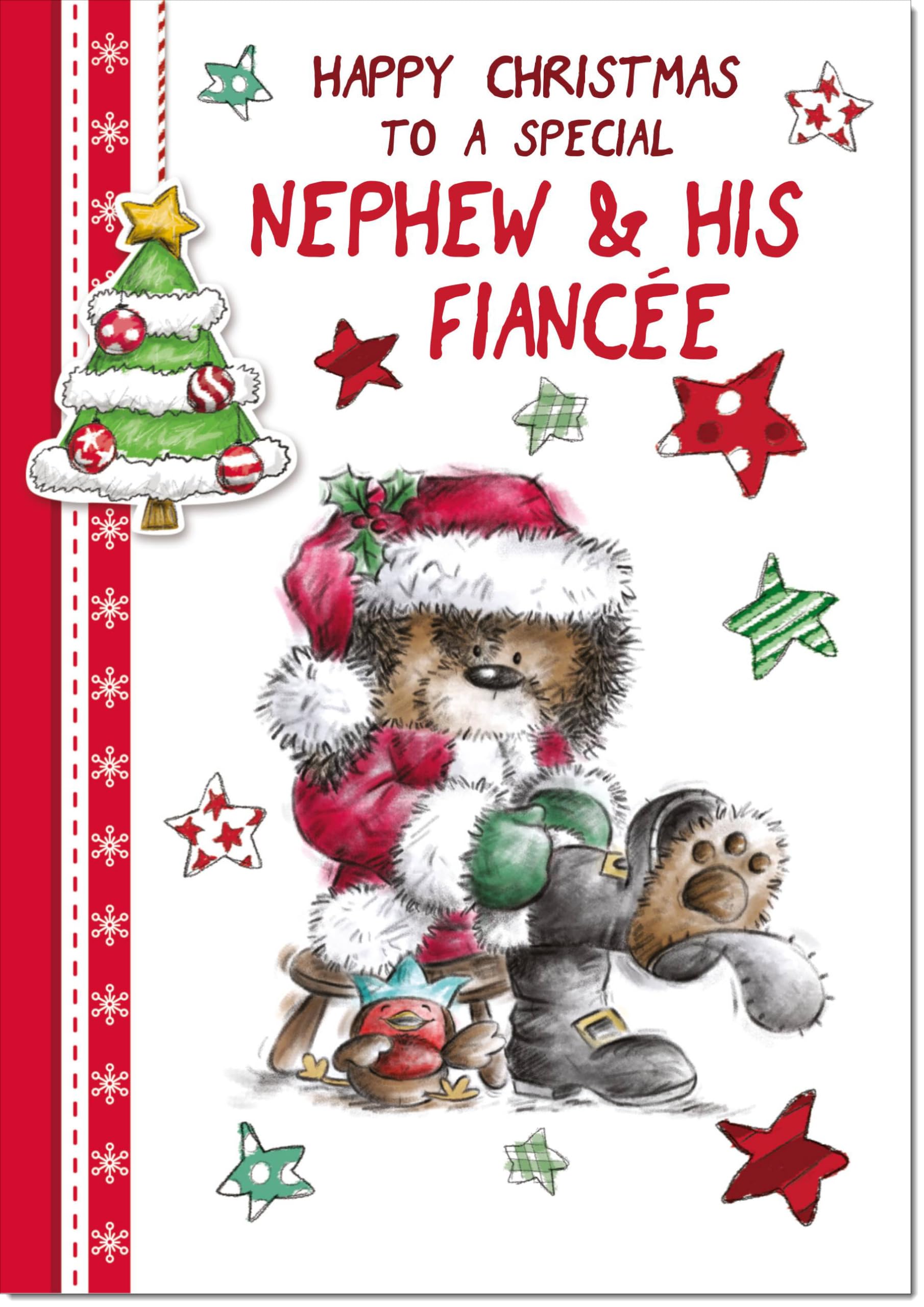 doodlecards Nephew and Fiancee Christmas Card Cute Bear Large A4 Size Christmas Card for Nephew & Fiancee with Plain Envelope