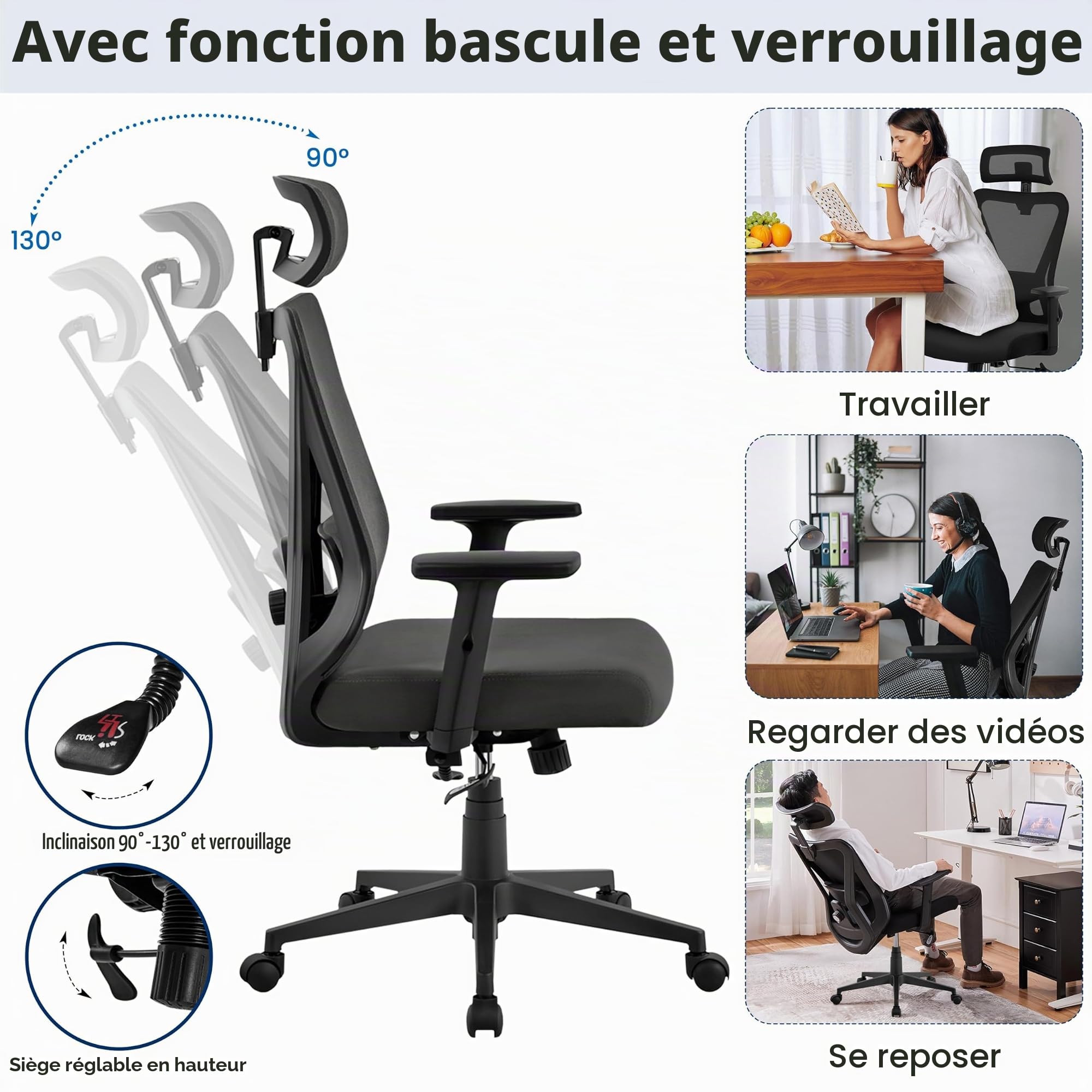 Yaheetech Chaise de Bureau Ergonomique avec Appui-tête, Accoudoirs Ajustables, Soutien Lombaire et Hauteur d'Assise Réglable Chaise Pivotante et Fonction Basculante Noir