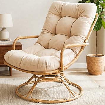 Swivel Papasan Chair with 5" Thick Cushion, 360 Rotating Wicker Rattan Accent Chair with Metal Frame, Oversized Lounge Chair Comfy Armchair for Living Room, Bedroom or Outdoor, Beige