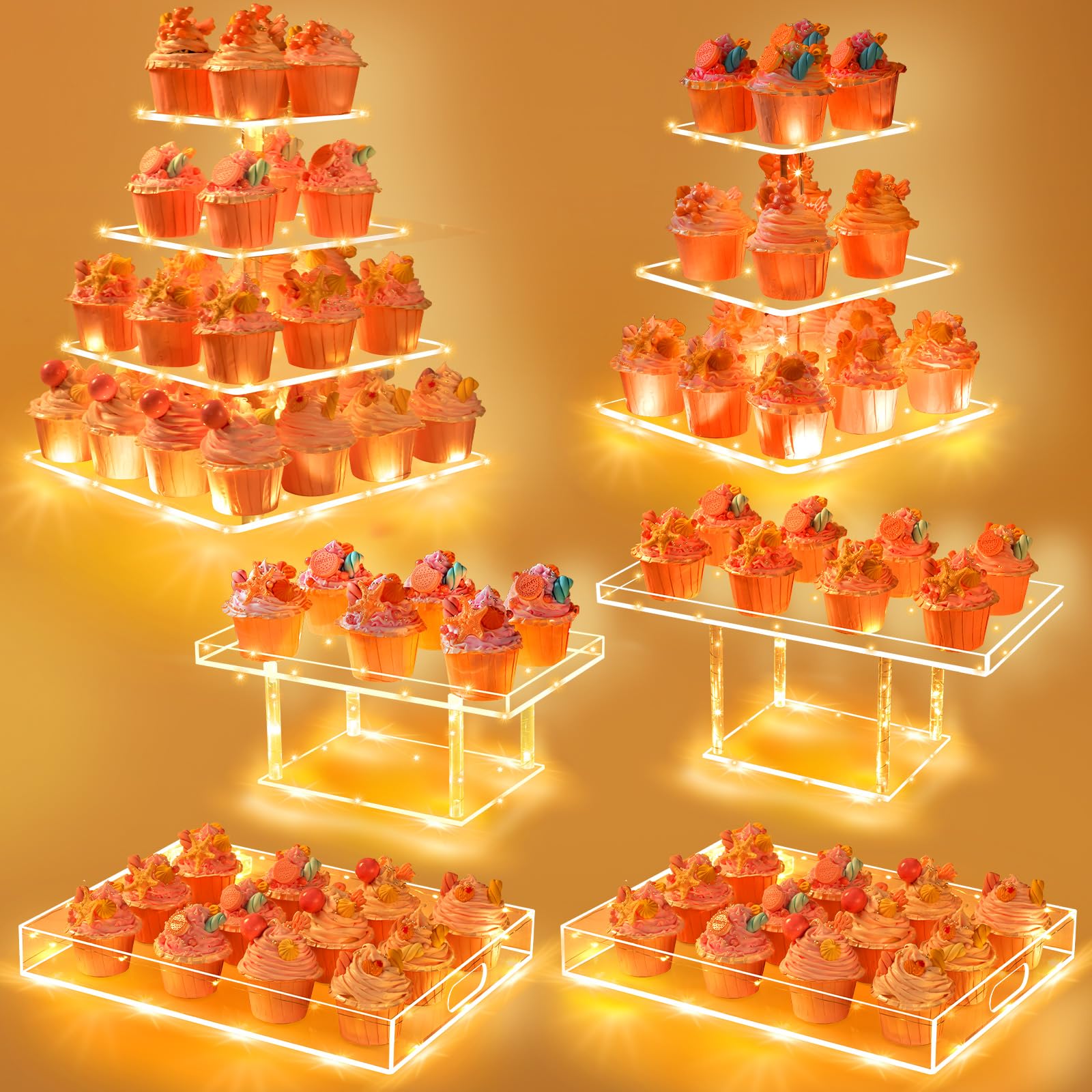 Photo 1 of 4 Tier Acrylic Cupcake Stand,6 Set Cupcake Acrylic Pastry Stand Tower Display with LED Light,Clear Serving Tray,Holds up to 170 Cupcakes,Birthday,Wedding,Christmas,Baby Shower Parties Decoration