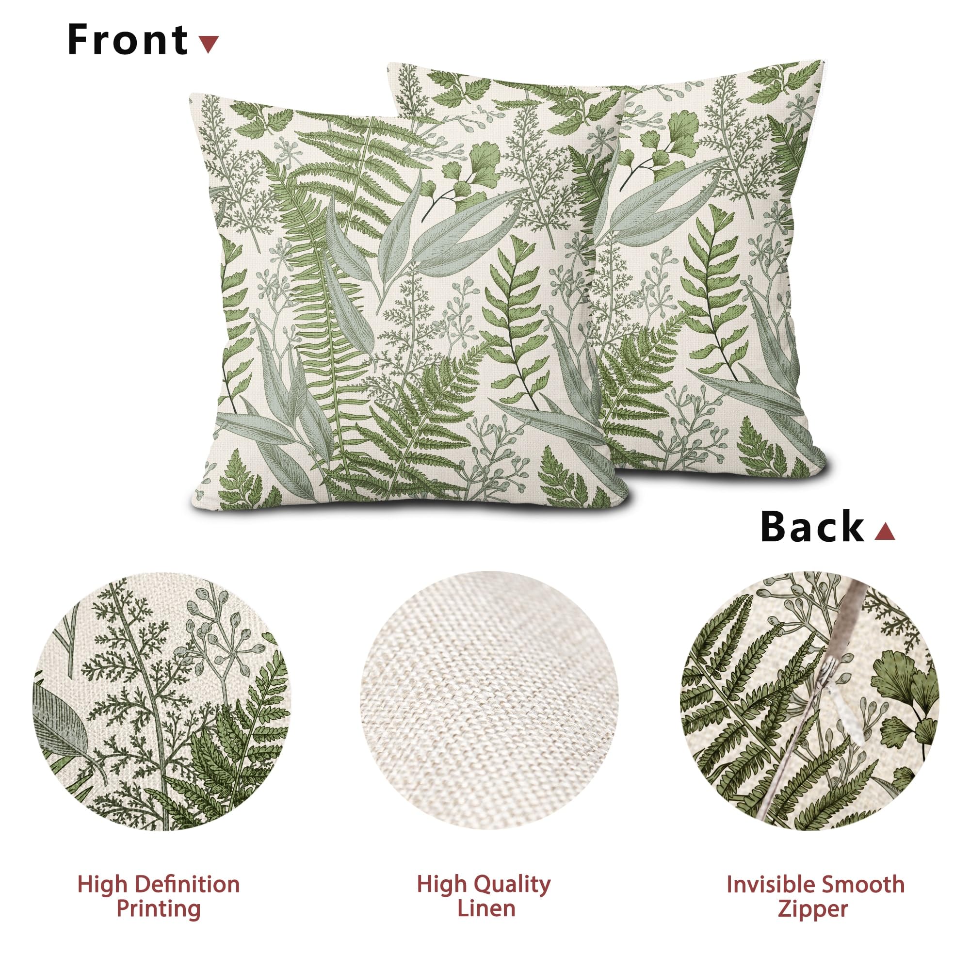 Fundas De Almohada De Plantas Verdes De 16 X 16 Pulgadas, Fundas De Almohada Decorativas De Hojas De Helecho Botánicas Verde Salvia, Primavera Y Verano, Juego De 2 Almohadas Florales Vintage