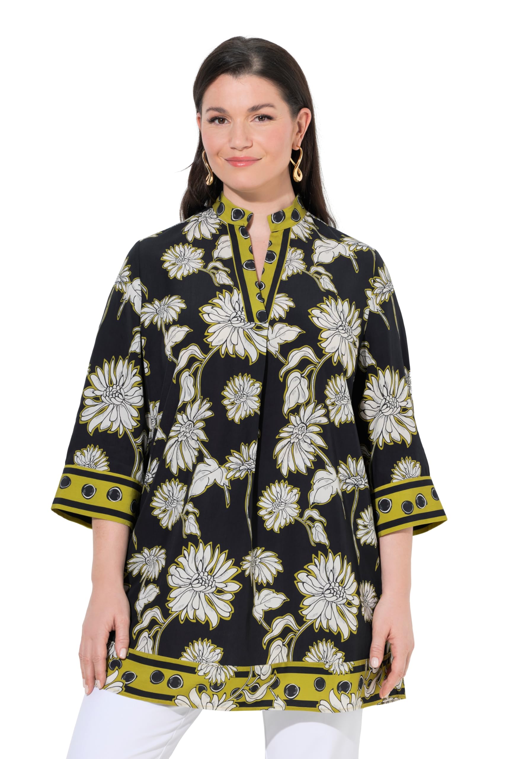 Ulla Popken Damen große Größen Übergrößen Plus Size Satin-Tunika, Blüten, A-Linie, Stehkragen, 3/4-Arm 849608