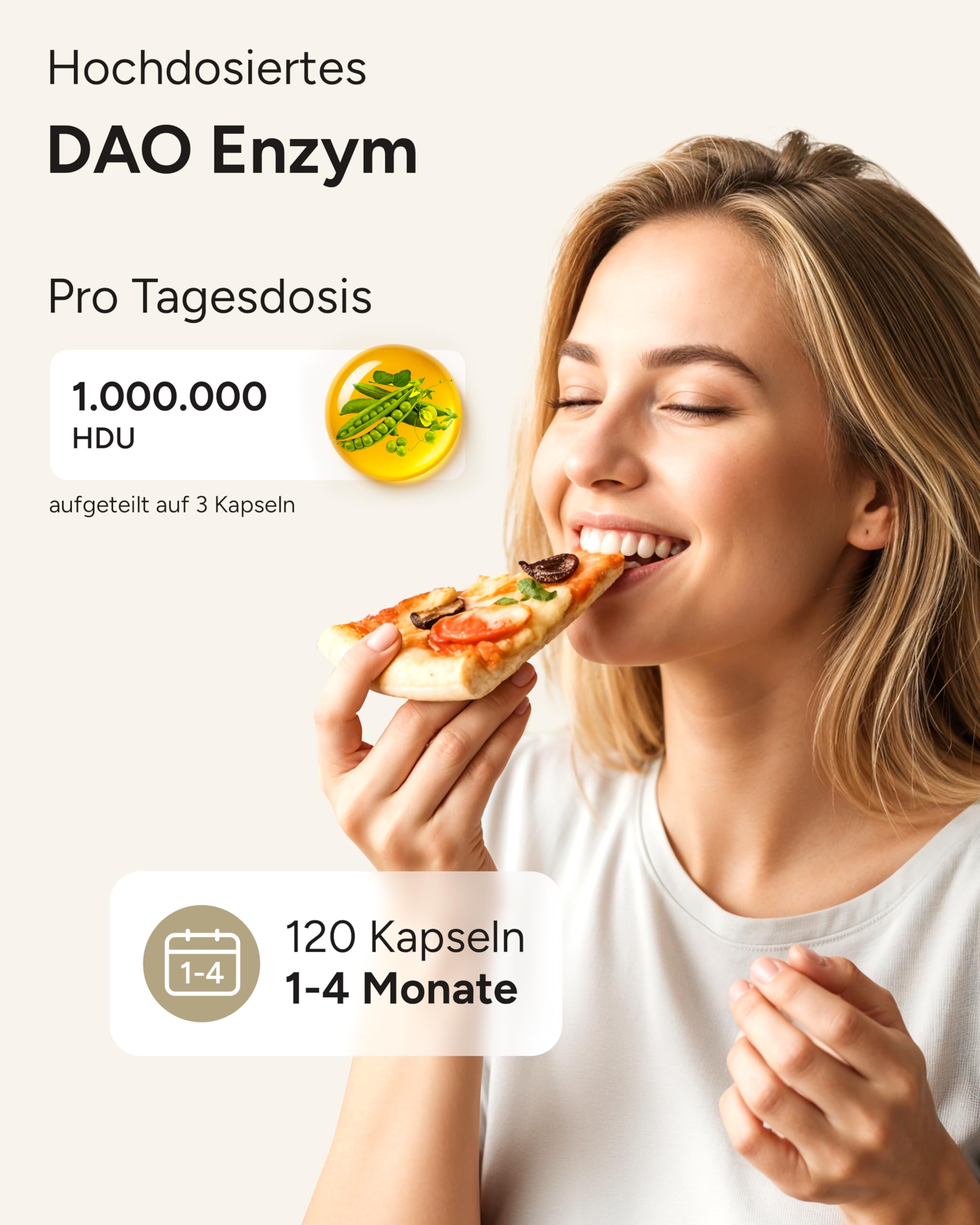 120 DAO Kapseln - 1.000.000 HDU pro Tag - perfekte Dosierbarkeit mit 333.333 HDU/Kapsel (1 bis 3 Kapseln/Tag) - DAO vegan - DAO Enzym aus Erbsen