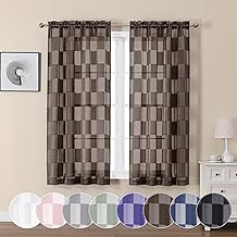 OVZME Barry Brown Sheer Curtains 63 Inch Length 2 Panels - Checkered Light Filtering Soft Airy Voile, Clip Jacquard Textured Drapes for Bedroom Living Room Window, Dual Rod Pocket, 42Wx63L